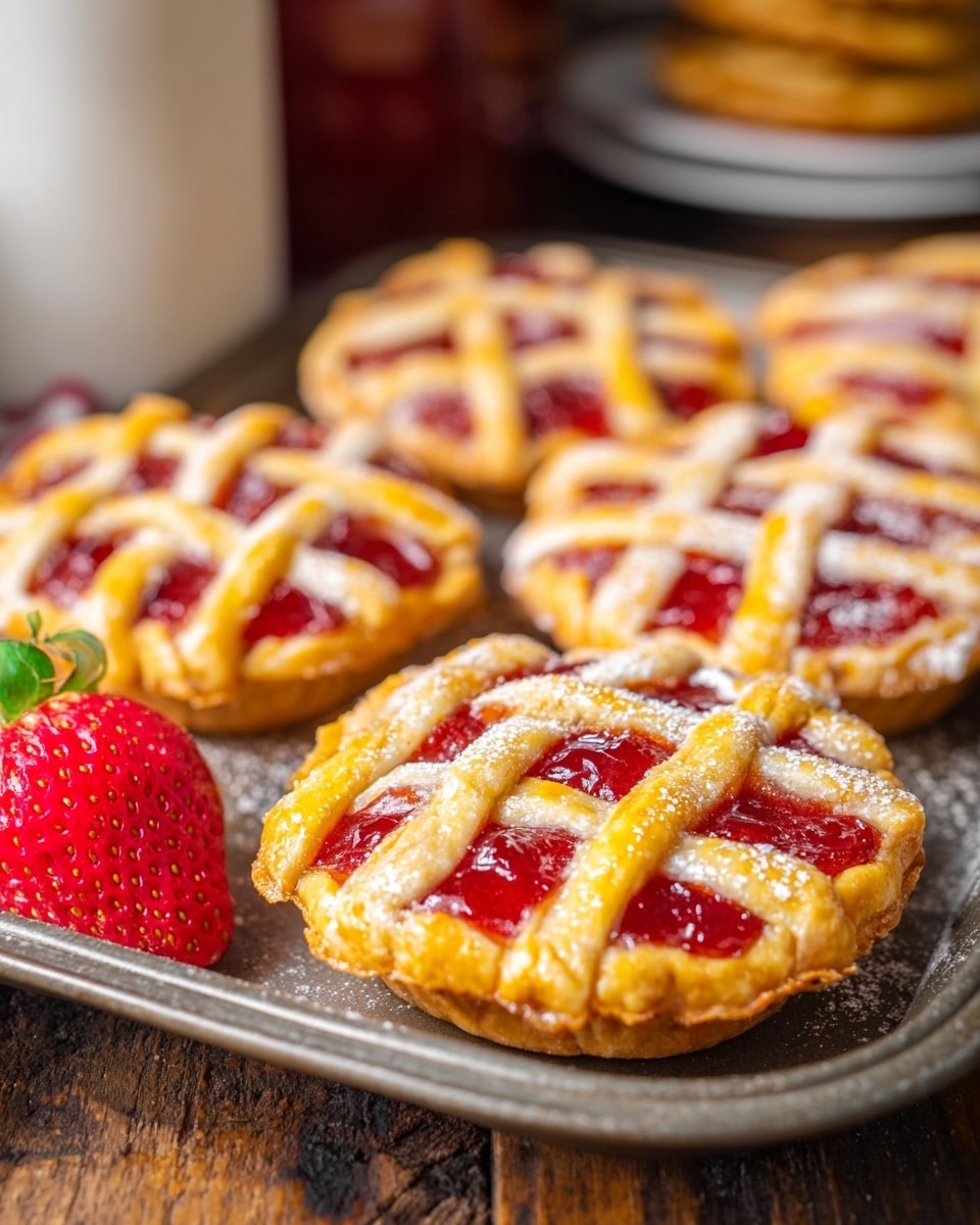 This image shows several small round pies with a bright golden lattice crust on top, revealing a shiny red filling beneath. The pies are arranged close together on a metal tray placed on a rustic wooden table. The crust has a smooth, glossy texture with a light dusting of white powder. A fresh red strawberry is positioned at the front left corner of the tray. In the background, there is a white marbled surface with soft blurred shapes of other dishes. Photo taken with an iphone --ar 4:5 --v 7