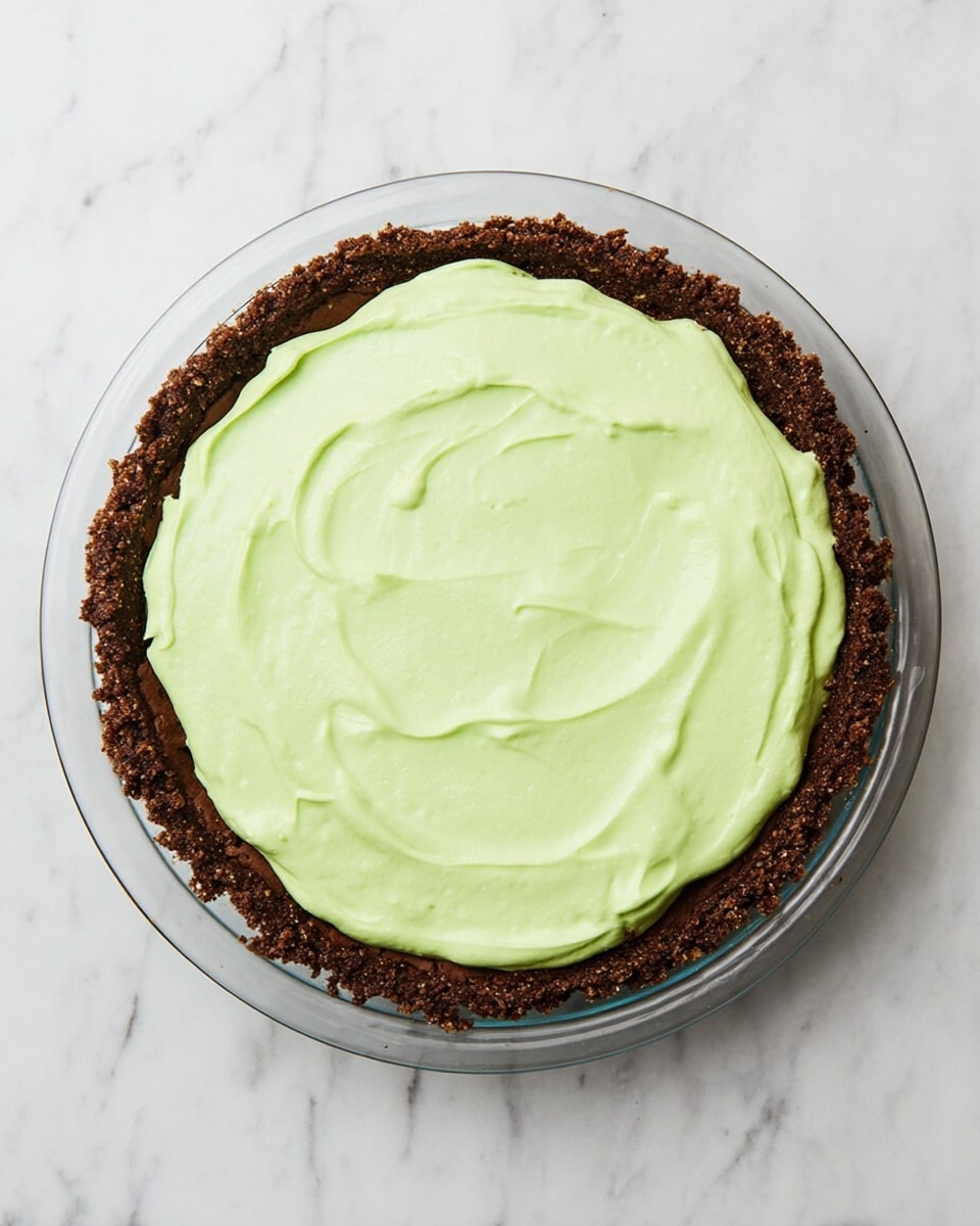 A pie is shown from above with two clear layers. The bottom layer is a thick, dark brown crust with a rough texture, firm edges, and crumbly bits. On top of this is a smooth, pale green creamy filling spread evenly and slightly swirled across the surface. The pie is on a clear glass plate, placed on a white marbled surface. Photo taken with an iphone --ar 4:5 --v 7