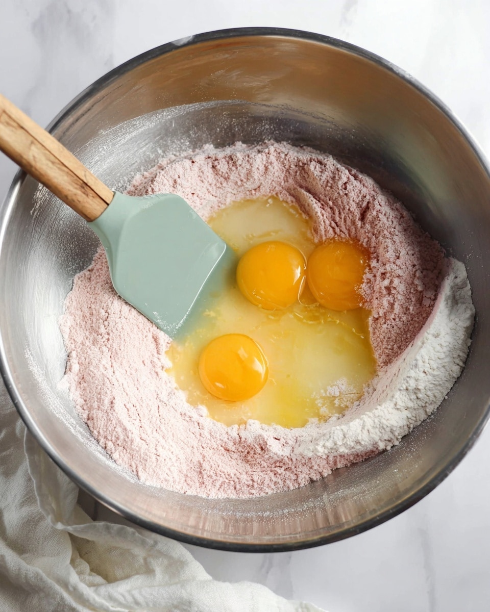 Inside a shiny silver bowl, there are layers of light pink powdery flour forming a ring around three yellow egg yolks and a clear liquid in the middle. A light green spatula with a wooden handle is resting inside the bowl, partially touching the ingredients. The bowl is placed on a white marbled surface, and a white cloth is visible near the bottom left corner. photo taken with an iphone --ar 4:5 --v 7