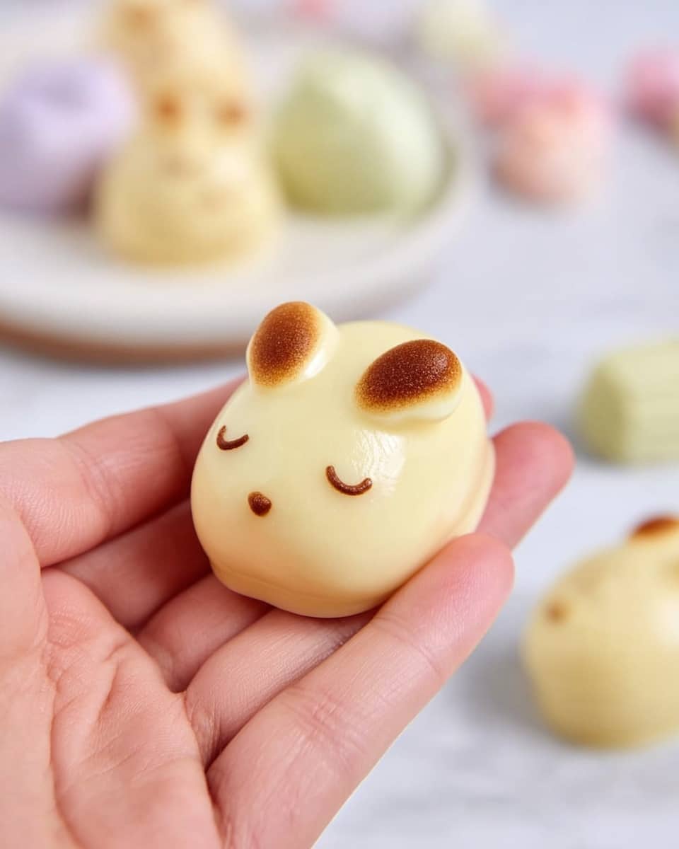A small, smooth, shiny pale yellow dessert shaped like a sleeping bunny with two darker brown toasted ears on top and a small round eye mark on the side, held gently between the fingers of a woman's hand. In the background, there is a white plate with other similar bunny-shaped desserts, some in pale purple and others in pale yellow, resting on a white marbled surface with hints of pastel pink and green blurred softly around. The overall look is soft, cute, and delicate, with the focus on the closest bunny dessert and the rest softly out of focus. photo taken with an iphone --ar 4:5 --v 7