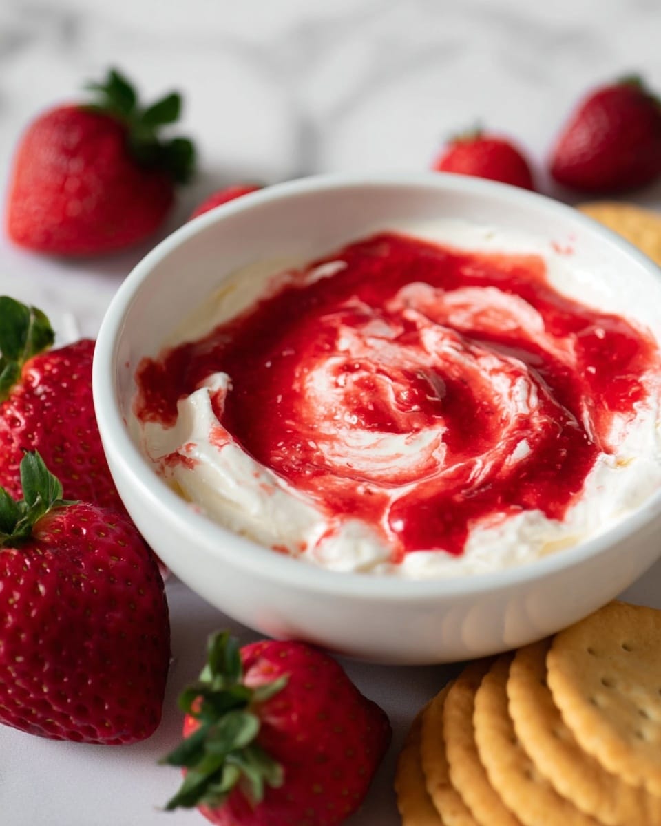 A white bowl filled with two layers: a creamy white base with a smooth texture, topped with a red strawberry sauce spread unevenly on the surface, showing swirls and some small seeds inside the sauce. Around the bowl are several whole red strawberries with green leaves, and in front of the bowl is a small stack of round golden crackers. The scene is set on a white marbled surface. Photo taken with an iphone --ar 4:5 --v 7