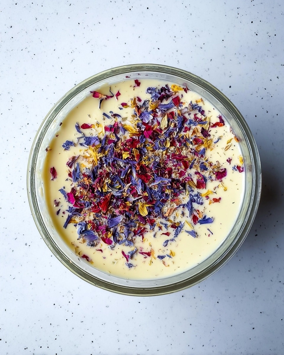 A clear glass bowl contains a creamy pale yellow base layer filling most of the bowl, topped with a scattered mix of colorful dried flower petals in red, blue, purple, and yellow shades, spread unevenly across the center. The bowl sits on a white marbled surface. photo taken with an iphone --ar 4:5 --v 7