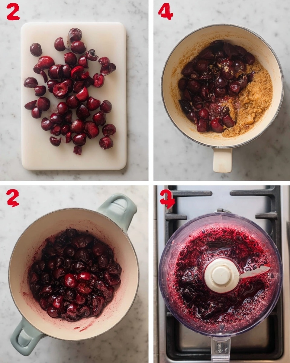 The image shows four steps of making a cherry dish on a white marbled surface. Step 1 is a white cutting board filled with dark red cherries sliced in half with visible pits. Step 2 shows a white pot containing the cherry halves mixed with a golden brown sugar-like ingredient. Step 3 focuses on the white pot on a stove, where the cherries and sugar are cooking and bubbling, creating a deep red, frothy texture. Step 4 reveals a close-up inside a clear food processor bowl with the cooked cherry mixture being blended, showing dark red textures and a white blade in the center. photo taken with an iphone --ar 4:5 --v 7