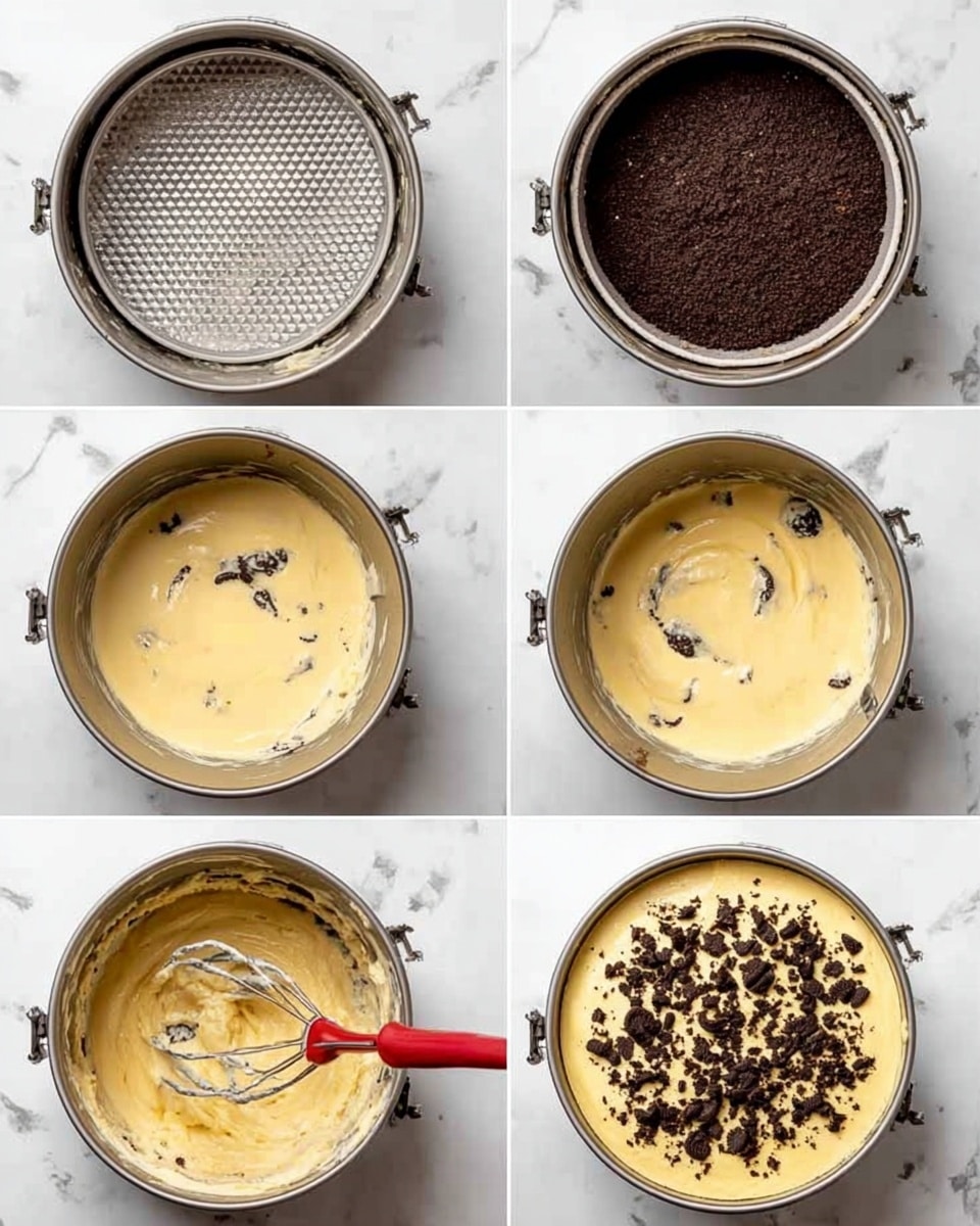 The image shows a 3x3 grid of steps to make a layered cake. The first image shows an empty round metal cake pan with a textured base on a white marbled surface. The second image shows the pan filled with a dark brown, crumbly cake base. The third to eighth images show a metal mixing bowl with creamy, light yellow batter in different stages of mixing with various mixer attachments and a red spoon stirring in the batter. The batter in the bowl looks smooth and thick with some small dark specks in the later steps. The final image shows the dark cake base in the metal pan topped with a thick layer of the yellow batter and sprinkled with broken dark cookie pieces. The surface underneath all items is white marbled. photo taken with an iphone --ar 4:5 --v 7