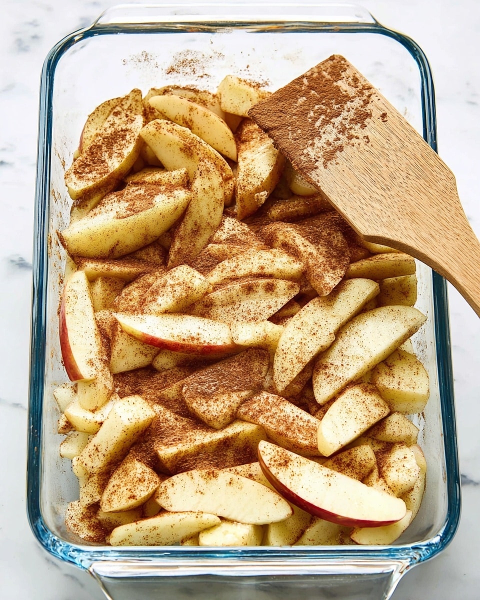 A clear glass rectangular dish holds a thick single layer of pale yellow apple slices sprinkled generously with light brown cinnamon powder. The apple slices are unevenly shaped, some showing a hint of red skin, resting on a white marbled surface. A wooden spatula with a natural grain texture is pressed lightly into the apple slices from the upper right side. Photo taken with an iphone --ar 4:5 --v 7