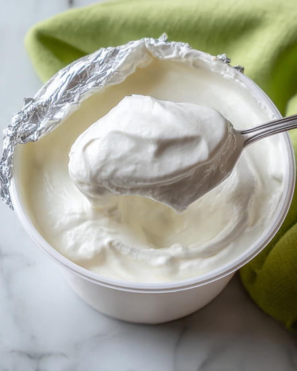 A close-up image showing a white container filled with creamy, thick white yogurt. The container's foil lid is partly peeled back and resting on top, with some yogurt stuck to it. A silver spoon is inside the container, holding a nice scoop of smooth yogurt with soft peaks, giving a fluffy and rich look. The container is placed on a surface with a white marbled texture, and a green cloth is partially visible in the background. photo taken with an iphone --ar 4:5 --v 7