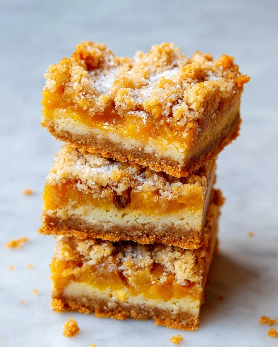 The image shows a stack of four crumb bars with three clear layers. The bottom layer is a light brown, firm crust; the middle layer is bright orange with small fruit pieces; the top layer is crumbly and golden with small chunks of crust and sugar sprinkled on it. The bars are stacked unevenly on a white marbled surface, with a few small crumbs scattered around them. photo taken with an iphone --ar 4:5 --v 7