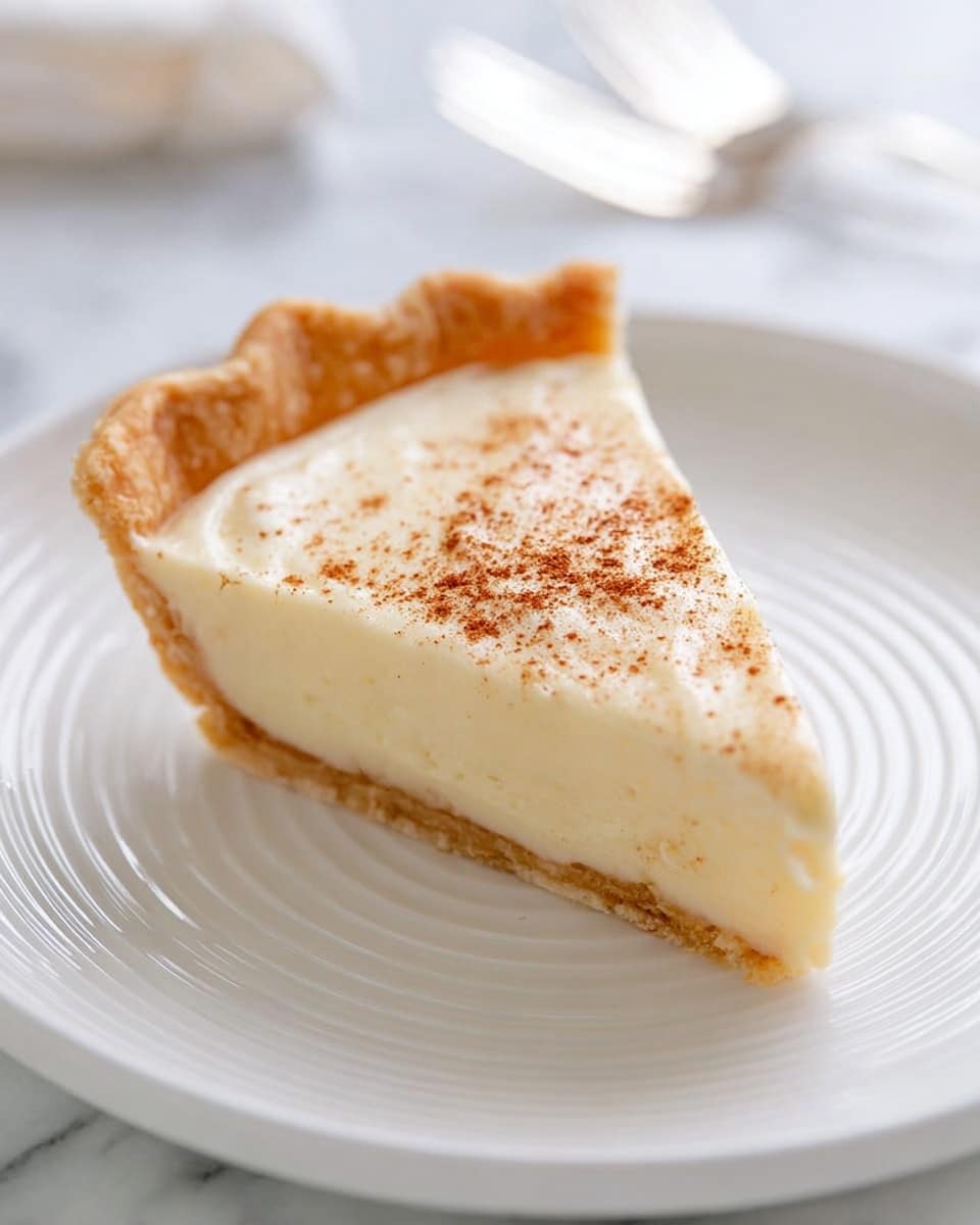 The image shows a single slice of sugar cream pie on a white plate with subtle ridged patterns. The pie has three visible layers: a thin, golden brown crust with a slightly crumbly texture at the bottom, a thick, creamy white filling that makes up most of the slice with a smooth and dense look, and a very thin, glossy layer of light cream on top sprinkled lightly with a few patches of cinnamon powder. The edges of the crust are gently fluted. A silver fork rests beside the slice on the plate, with a small dollop of the cream pie filling on its tip. The setting has a white marbled texture. photo taken with an iphone --ar 4:5 --v 7