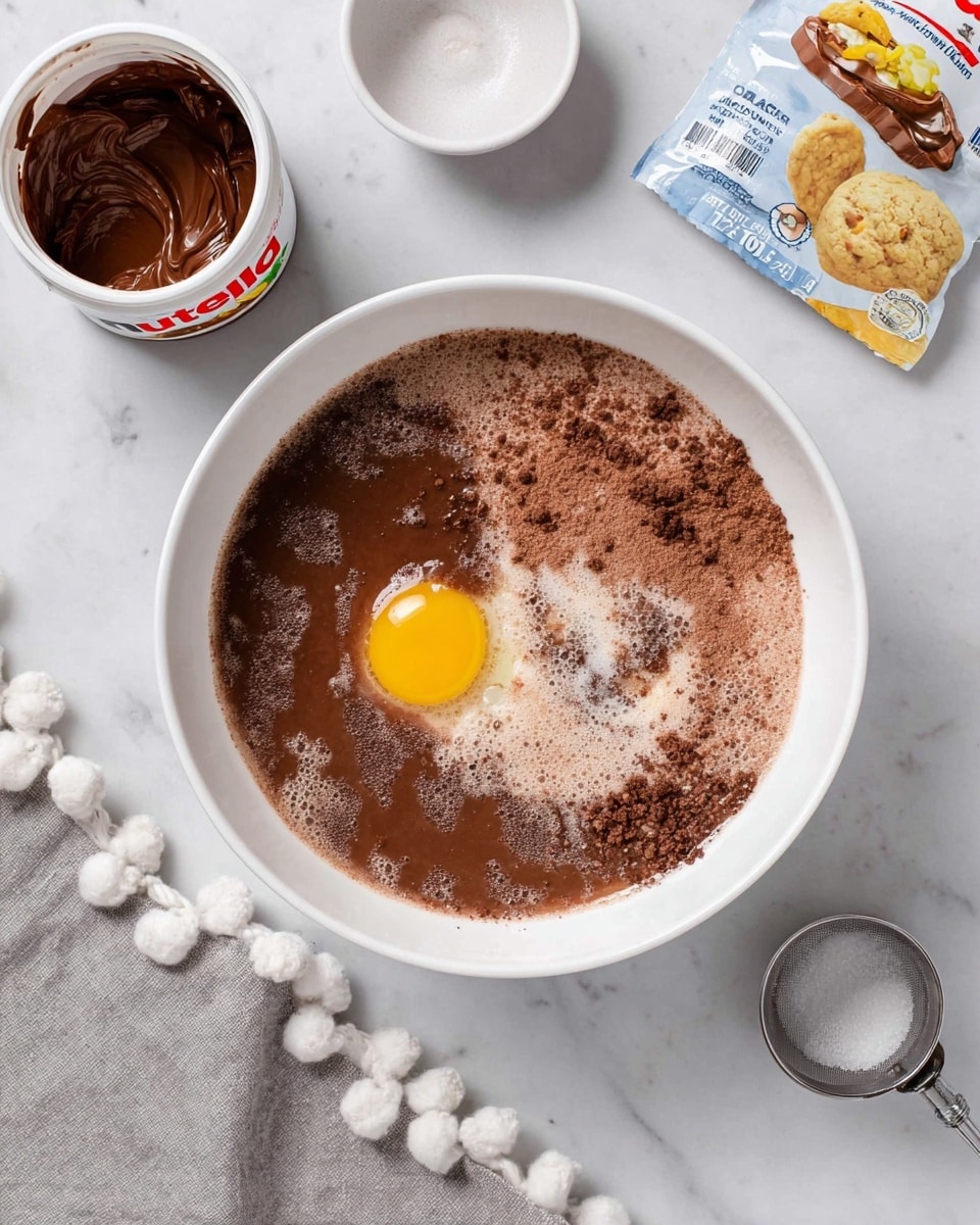 A white bowl sits on a white marbled surface, filled with layers for a chocolate cake mix: a shiny light brown wet layer at the bottom, spread unevenly, with a raw egg yolk sitting on top in the upper right area, and scattered over the wet mix, a layer of light brown powdery cocoa mix and dark syrupy spots, uneven and textured. To the left, there is a white container of Nutella with a lid, and a small white bowl filled with smooth, glossy chocolate spread. In the upper right corner, there is a wrapped cookie dough package. At the bottom right, an empty cracked white eggshell rests inside a small metal measuring cup. A soft gray cloth with a white pom-pom edge is draped along the bottom left side. photo taken with an iphone --ar 4:5 --v 7