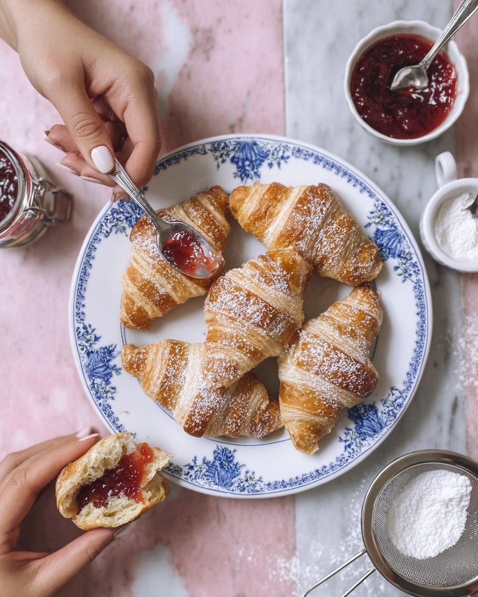 The image shows a white plate with blue floral designs filled with five golden-brown croissants dusted with powdered sugar on a white marbled surface. One croissant is held by a woman's hand at the bottom left, while another woman's hand is using a small silver spoon to spread red jam inside it. Next to the plate, there is a small white bowl of red jam and another small bowl with powdered sugar. A metal mesh sieve containing some powdered sugar is placed to the right on the white marbled surface. The background shows a soft pink tone. photo taken with an iphone --ar 4:5 --v 7