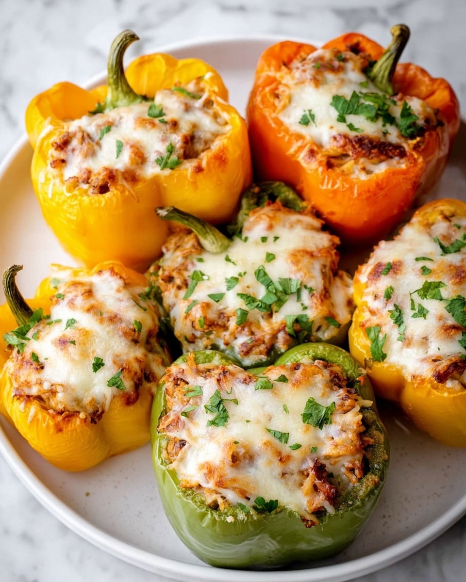 The image shows a white round plate on a white marbled surface, holding six stuffed bell pepper halves in different colors: yellow, orange, and green. Each pepper half is filled with a mixture topped with melted, slightly browned cheese, which has a creamy, bubbly texture. The filling looks finely crumbled and is garnished with small green parsley leaves scattered across the cheese. The peppers' edges are intact, with the stems still attached, giving a rustic look to the dish. photo taken with an iphone --ar 4:5 --v 7