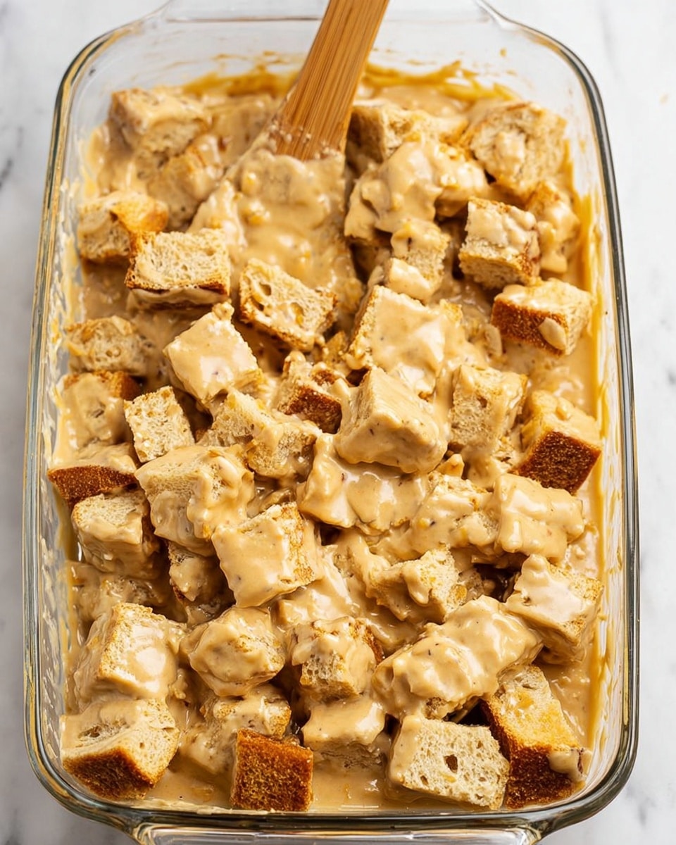 A clear rectangular glass baking dish filled with many small, uneven square pieces of bread that are covered in a thick, creamy, light brown sauce. The bread pieces have a slightly rough texture with some darker crust edges visible. A wooden spatula rests inside the dish, partially covered by the sauce and bread pieces. The dish is placed on a white marbled surface. photo taken with an iphone --ar 4:5 --v 7