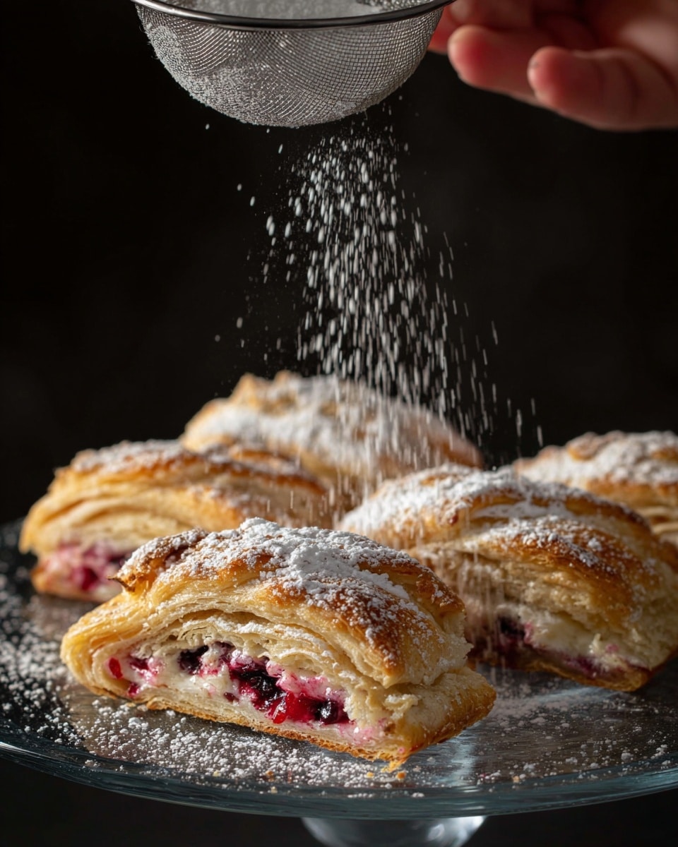 The image shows several pieces of braided pastry with a golden-brown crust and a visible filling of red berries and cream inside. The pastry slices are arranged on a clear glass stand against a dark background. Powdered sugar is falling from a metal sieve held by a woman's hand, creating a soft dusting over the pastries and adding texture to the scene. The pastry layers look flaky and the filling adds a colorful contrast to the light crust. photo taken with an iphone --ar 4:5 --v 7