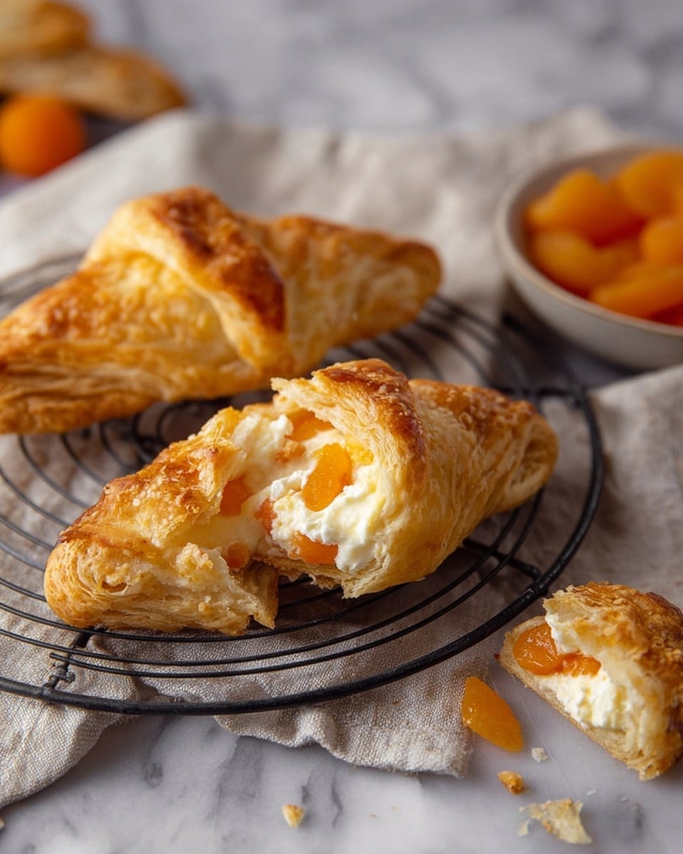 This image shows two golden brown pastries resting on a black round cooling rack over a light gray cloth on a white marbled surface. Each pastry has a flaky, folded crust with a slightly crispy texture, shaped in a rough triangle. Inside, there is a creamy white layer mixed with small, bright orange fruit pieces, likely apricot chunks. One pastry is whole, while the other is partially torn with a small piece broken off nearby, revealing the soft filling. In the background, there is a small bowl filled with more orange fruit pieces. Photo taken with an iphone --ar 4:5 --v 7