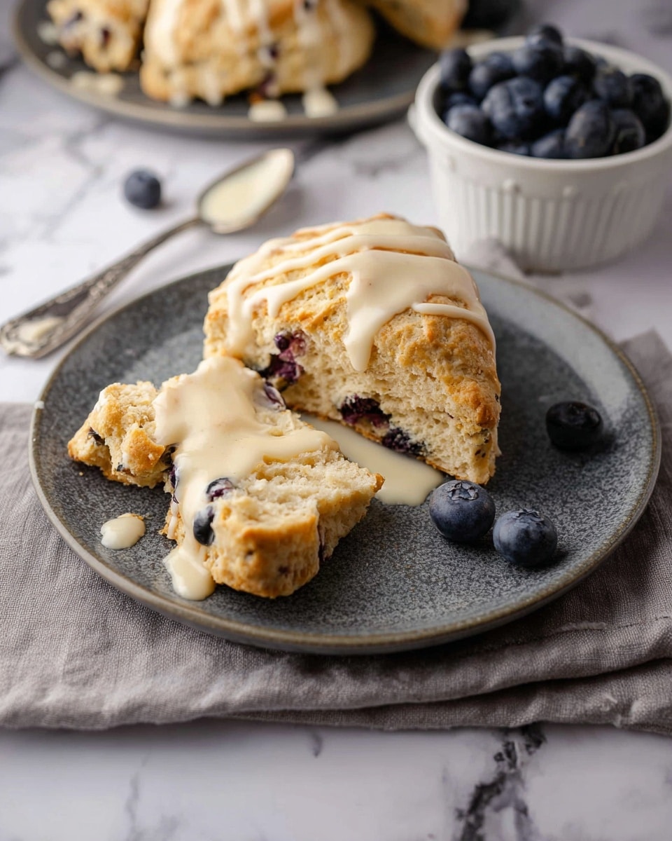 The image shows a white plate with two golden brown scones, one partly broken with a piece off to the side, both drizzled with a creamy white glaze. The scones have a rough texture with visible blueberry bits inside, giving hints of purple in the light crumb. Next to the scones are a few loose blueberries adding dark blue contrast. In the background, there is a small white bowl filled with fresh blueberries and a silver spoon with a little bit of glaze on it. The scene is set on a white marbled surface with a pale gray cloth partially visible under the plate. Photo taken with an iphone --ar 4:5 --v 7