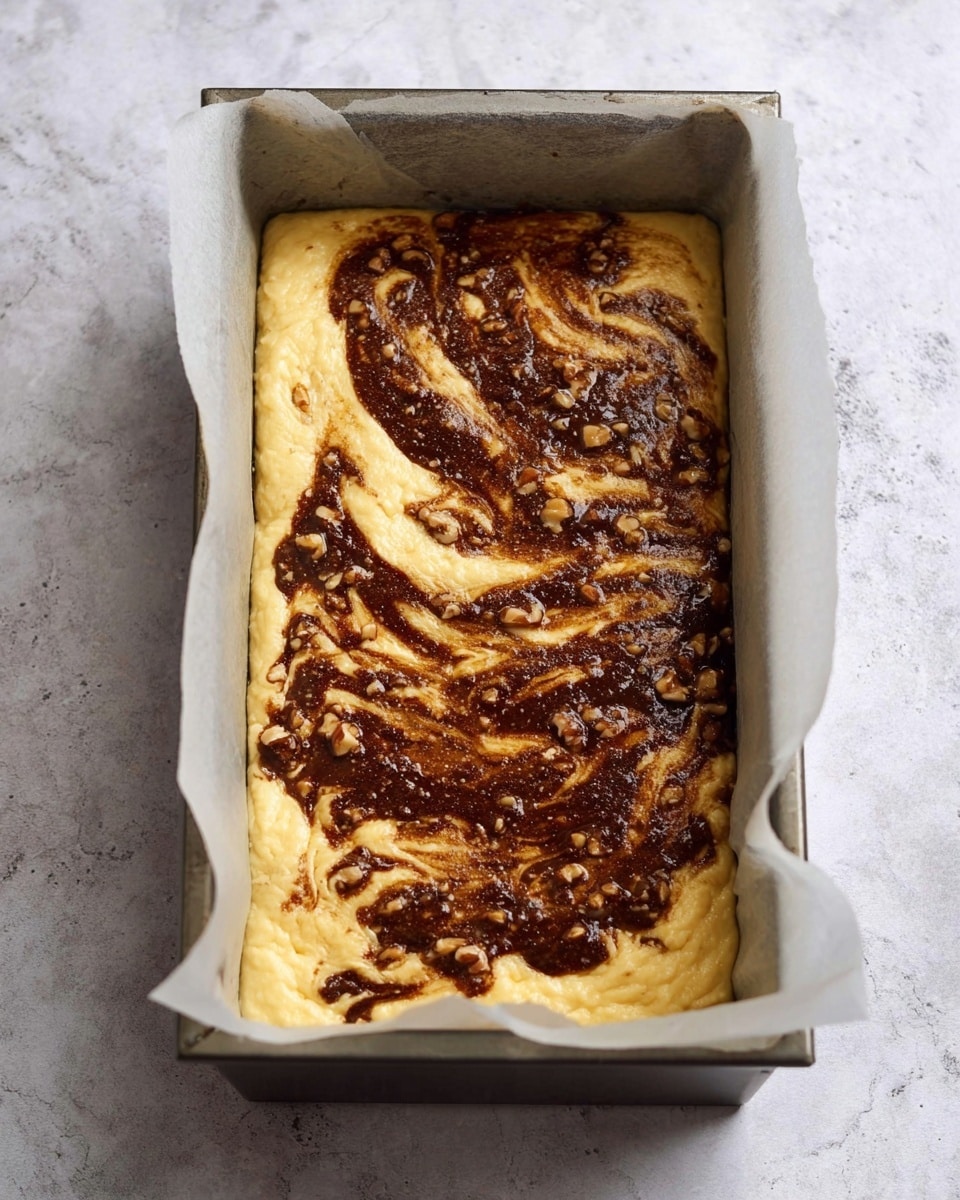 The image shows a rectangular metal baking pan lined with white parchment paper, filled with a thick dough layer that is creamy yellow on the bottom and swirled on top with a dark brown mixture containing small pieces of nuts. The dark mixture is spread unevenly, creating a marbled effect on the dough. The surface has a slightly shiny texture, suggesting moisture. The pan sits on a white marbled texture background. photo taken with an iphone --ar 4:5 --v 7