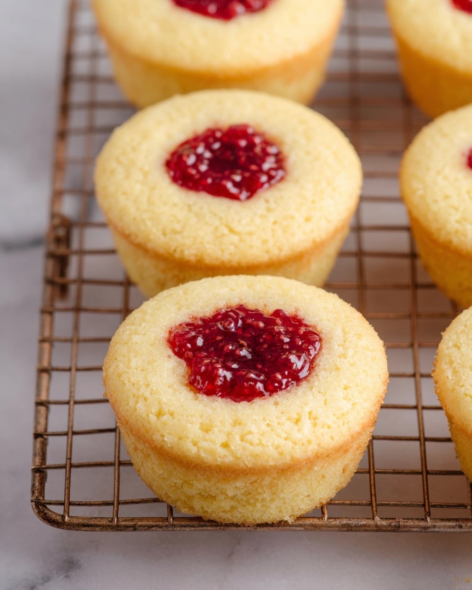 The image shows five round cupcakes arranged on a metal cooling rack. Each cupcake has one layer of light golden yellow cake with a smooth, soft texture. In the center of the top of each cupcake is a dollop of bright red raspberry jam, which looks shiny and slightly chunky with visible small seeds. The cooling rack sits on a white marbled surface, visible in the background. The overall look is simple and homemade, with the raspberry jam adding a pop of color to the light cake. photo taken with an iphone --ar 4:5 --v 7