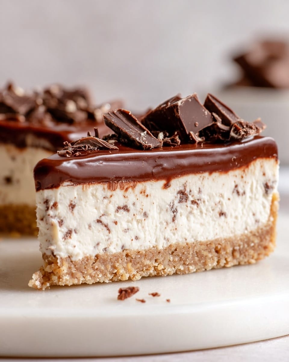 A close-up side view of a slice of dessert on a white marbled surface shows three layers. The bottom layer is a crumbly light brown crust that looks crunchy. The middle layer is thick and creamy with a speckled off-white filling that has small bits of chocolate mixed in. The top layer is a smooth, glossy dark brown chocolate glaze. On top, there are chunks of broken chocolate pieces scattered around the edge. The background is soft and light with blurred shapes. photo taken with an iphone --ar 4:5 --v 7