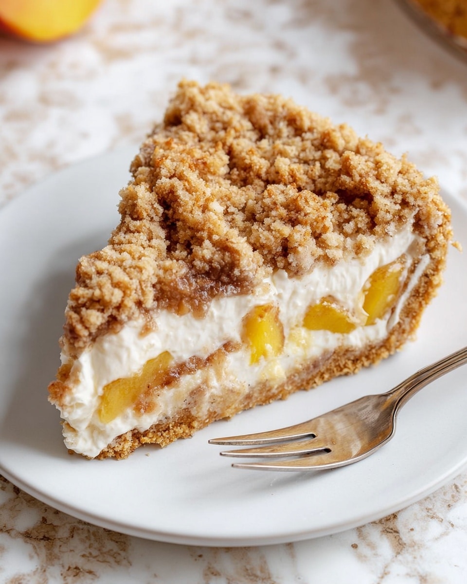 The image shows a slice of crumb-topped pie on a white plate with a silver fork next to it. The pie has three layers: a golden-brown crumbly top layer, a white creamy middle layer with pieces of yellow fruit inside, and a light brown crust at the bottom that also goes around the edges. The background is a white marbled surface, and a woman's hand is not visible but implied by the closely placed fork ready to eat. The colors are warm and soft with a focus on the textures of the crumb topping and the smooth cream filling. Photo taken with an iphone --ar 4:5 --v 7