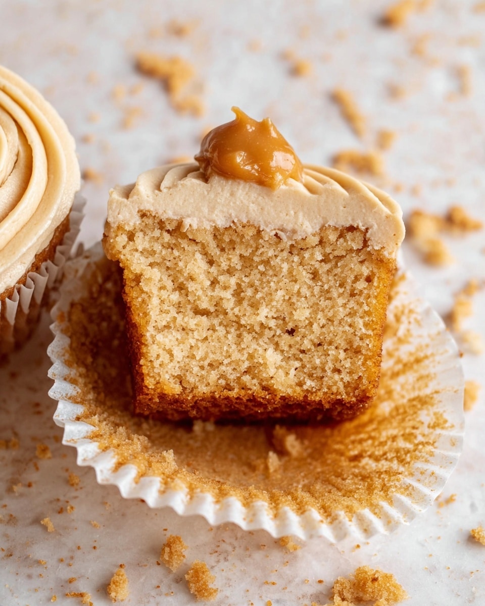 The image shows a close-up of a cupcake that is cut in half. The cupcake has one visible layer of light golden brown cake with a soft, moist texture. On top, there is a layer of light tan frosting that looks creamy and smooth, with a small dollop of slightly darker caramel-colored topping. The cupcake rests on a white paper liner that has a crinkled texture. Around the cupcake, there are crumbs scattered on a white marbled surface, adding a casual, cozy feel to the scene. photo taken with an iphone --ar 4:5 --v 7