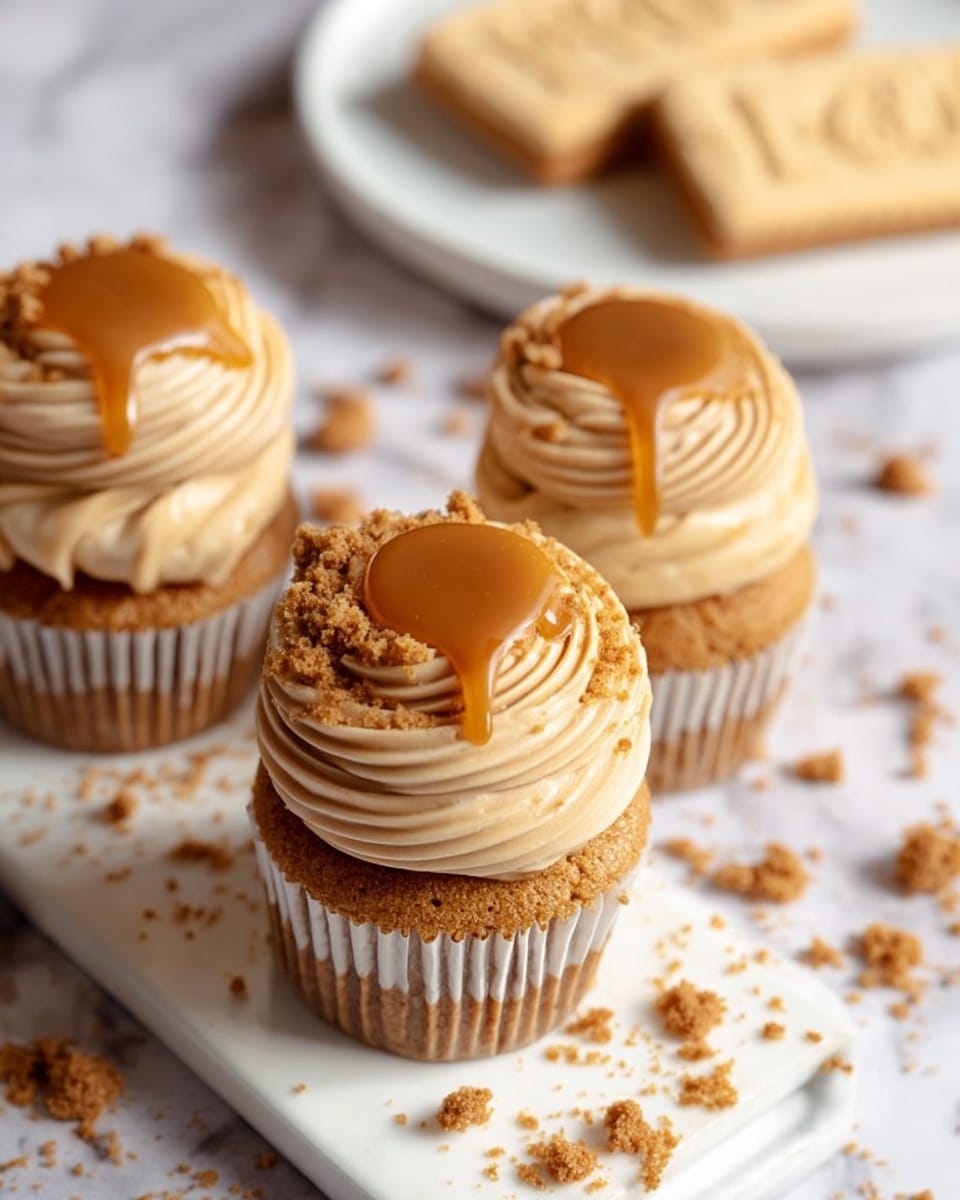 The image shows three cupcakes with a light brown base and two thick layers of smooth, beige frosting spiraled on top. The top frosting layer is decorated with a shiny caramel-like circle in the center, dripping slightly on one side, and sprinkled with crushed cookie crumbs. The cupcakes are placed on a white rectangular plate set on a white marbled surface scattered with cookie crumbs. In the background, there is a white plate holding two whole rectangular cookies with a delicate pattern. The overall tone of the image is warm and inviting. Photo taken with an iphone --ar 4:5 --v 7