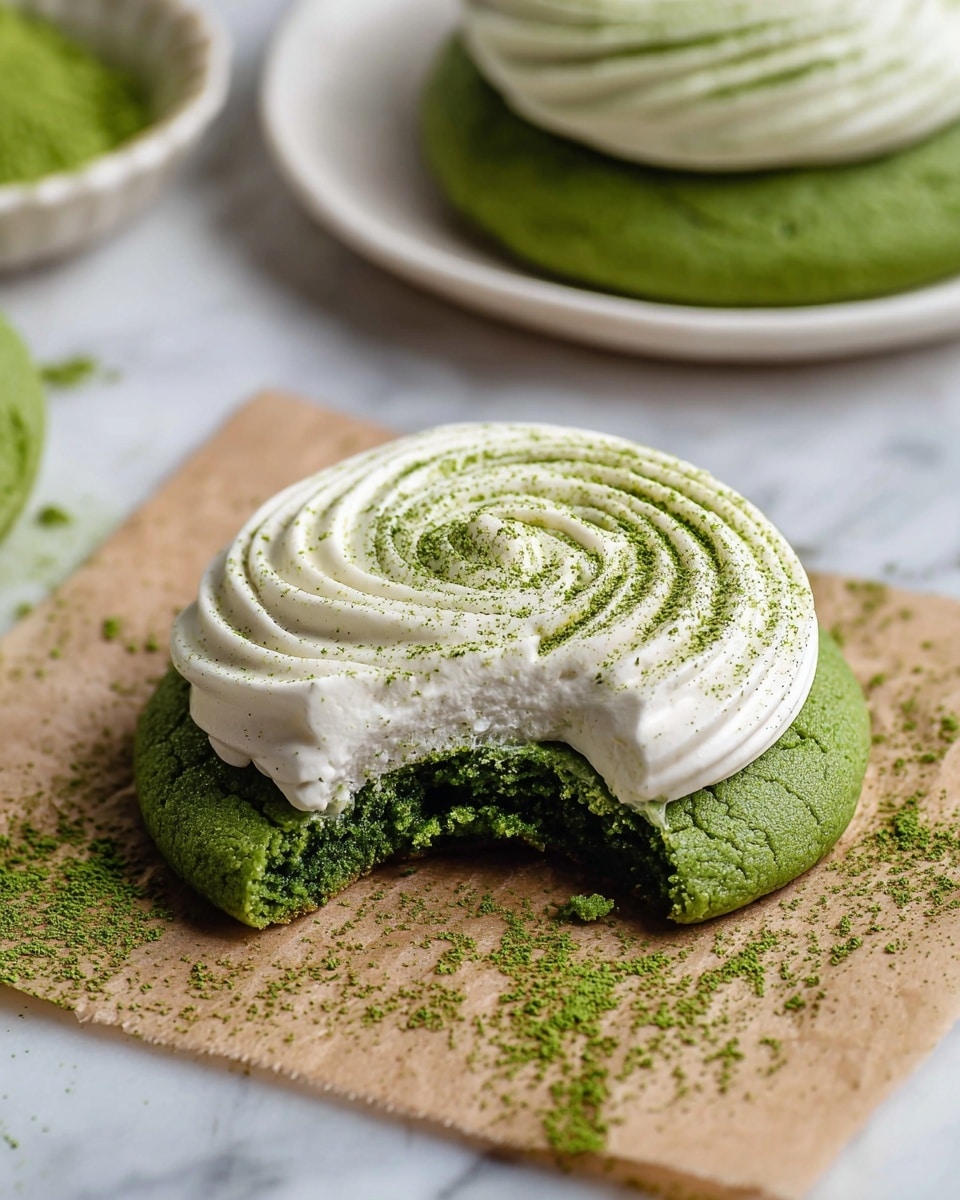 The image shows a close-up of a green cookie with two layers. The bottom layer is a thick, soft green cookie with a bit bitten from it, showing a moist texture inside. The top layer is a thick spiral of smooth, white cream, dusted with fine green powder. The cookie is on a brown paper sheet with some green powder sprinkled around it, all placed on a white marbled surface. In the background, there is a white plate with more finely ground green powder. Photo taken with an iphone --ar 4:5 --v 7