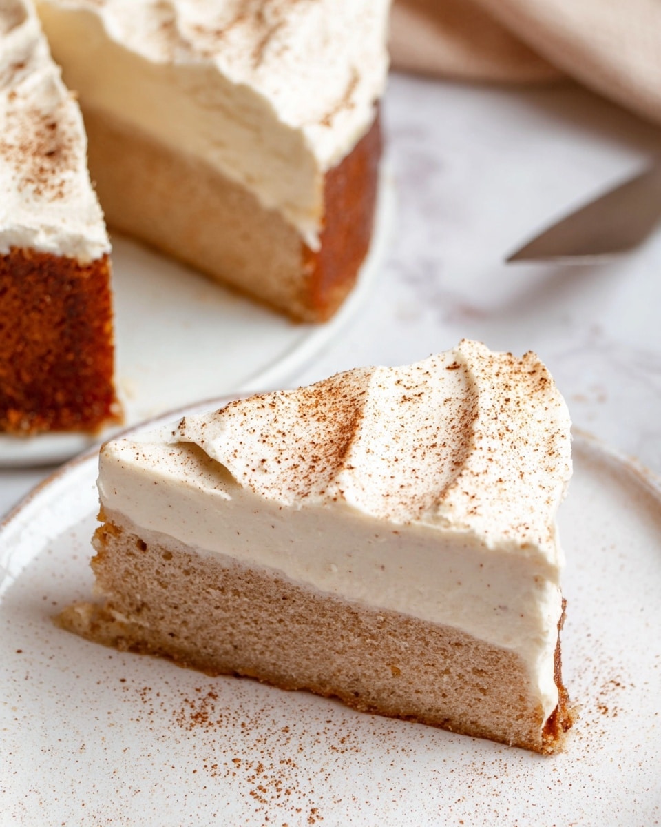 A single-layer round cake sits on a piece of parchment paper on a white marbled surface. The cake is light brown in color with a soft texture and is topped with a thick, creamy layer of white frosting spread in gentle swirls. There is a light dusting of cinnamon powder unevenly covering the top of the frosting, adding a warm orange-brown contrast. Around the cake, there are subtle shadows and soft lighting enhancing its smooth and creamy appearance. In the background, there is a white vase, a white cloth, and a white plate stacked with more white plates and silver forks. Photo taken with an iphone --ar 4:5 --v 7