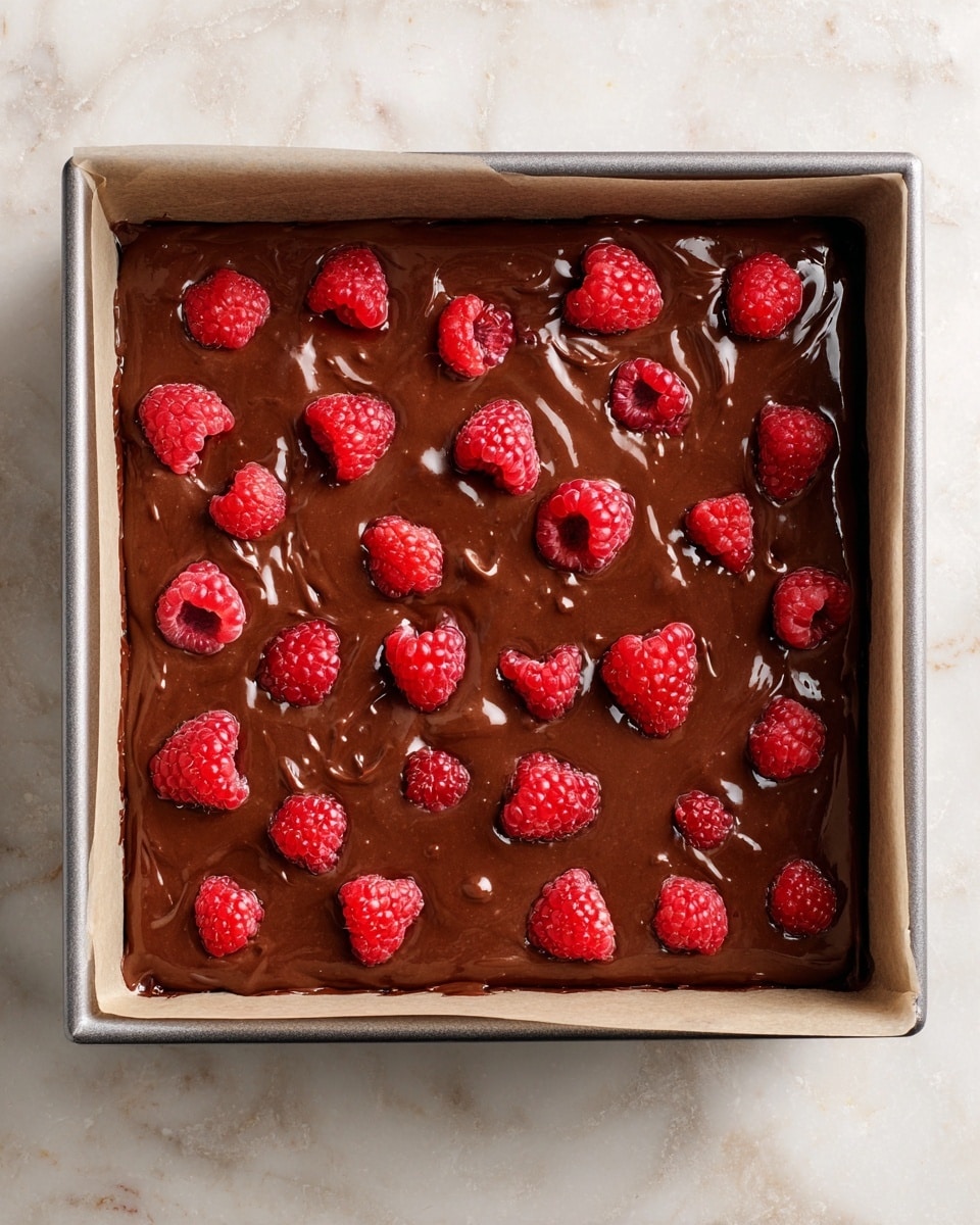 A square baking pan lined with paper is filled with smooth, rich brown chocolate batter that has a glossy texture. Scattered evenly across the surface are whole, bright red raspberries, some slightly sinking into the batter, creating small round dips around them. The pan sits on a white marbled surface, and the photo is taken from above, showing the batter and fruit clearly spread in a single thick layer. photo taken with an iphone --ar 4:5 --v 7