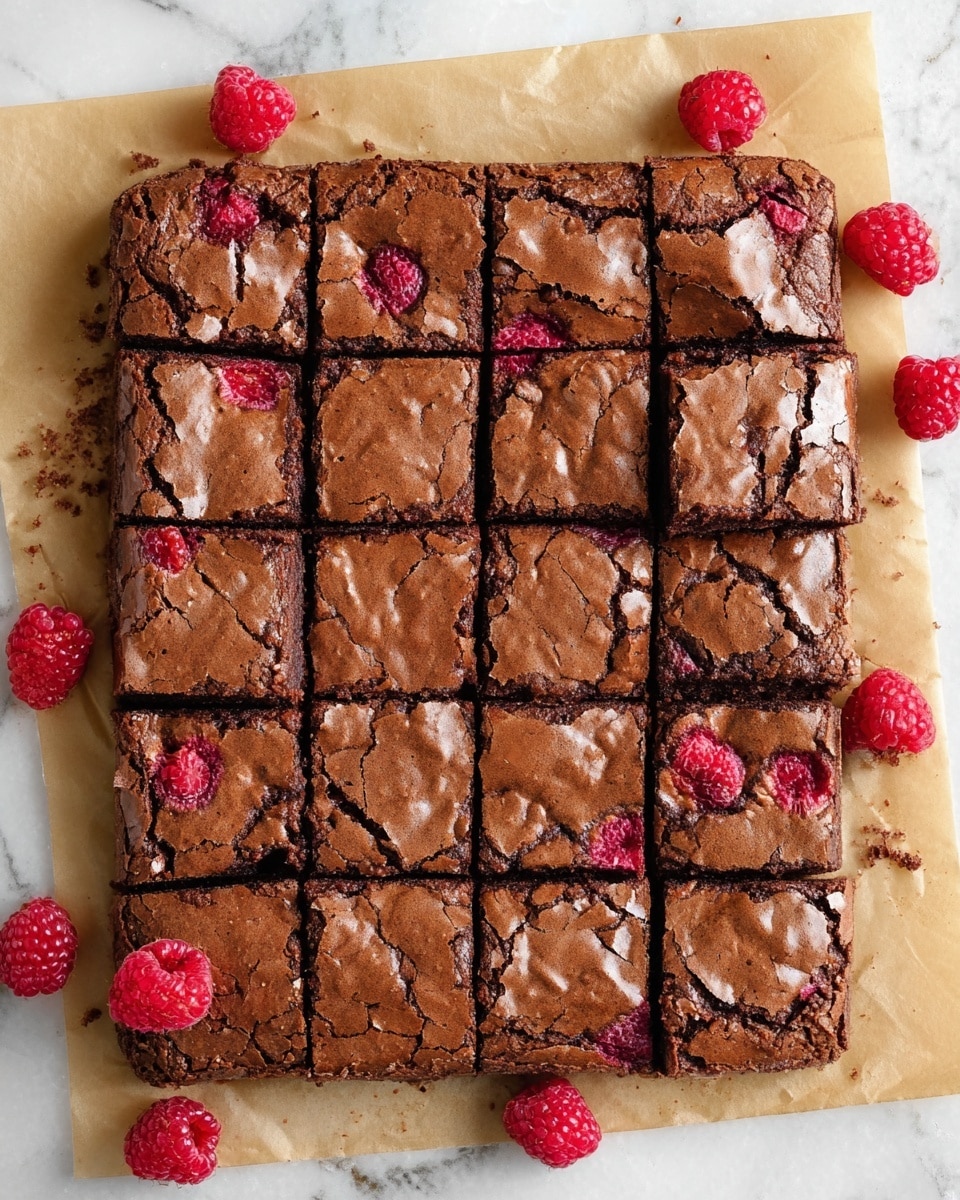 A square tray of chocolate brownies is shown from above, divided into 16 equal smaller squares with a cracked, shiny brown top layer. Bright red raspberry pieces are scattered inside the brownies, partially visible on the surface of each piece. The brownies rest on light brown parchment paper with a few whole raspberries placed around the edges for decoration. The tray is set on a white marbled surface. photo taken with an iphone --ar 4:5 --v 7