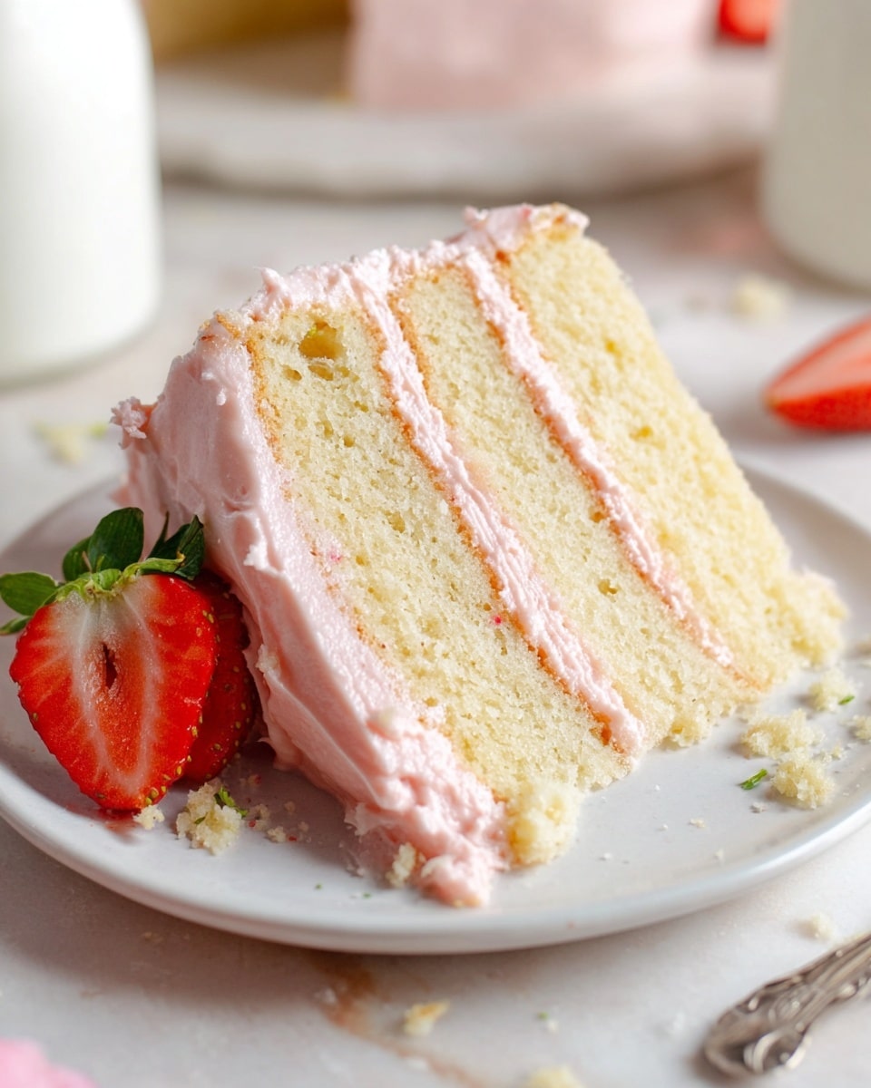 A slice of three-layer light yellow cake with soft, moist texture is placed on a white plate. Between each cake layer is a thin layer of smooth light pink frosting, which also covers the outside edges of the slice. On the left side of the slice, a halved bright red strawberry with green leaves is nestled against the frosting. The white marbled surface holds scattered small crumbs and bits of strawberry nearby. In the background, parts of two white containers and slightly blurred light pink strawberry halves are visible. Photo taken with an iphone --ar 4:5 --v 7