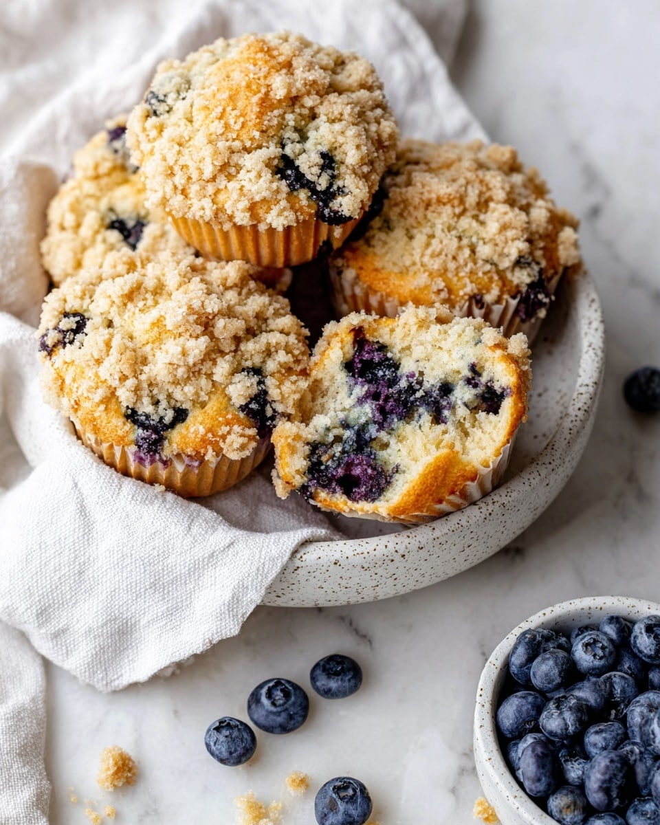 The image shows a close-up of five blueberry muffins with crumb topping resting on a white cloth inside a white speckled bowl, placed on a white marbled surface. The muffins have a golden-brown base with scattered dark blue blueberries inside. Each muffin is topped with light beige, crumbly streusel, giving a textured look. One muffin in the center is partially eaten, showing the soft, moist inside with blueberries embedded in the light-colored cake. Around the bowl, there are loose blueberries and crumbs scattered on the surface. To the right, a small white bowl filled with fresh blueberries is visible, adding a rich blue color contrast to the scene. Photo taken with an iphone --ar 4:5 --v 7