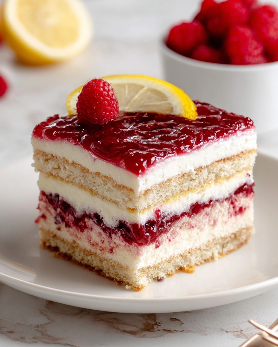 A square slice of layered dessert sits on a white plate, placed on a white marbled surface. The dessert has five visible layers: starting from the bottom, a light beige sponge cake layer, followed by a thick white cream layer, then a bright red raspberry jam layer with bits of fruit, next another light beige sponge cake layer, a second white cream layer, and on top a shiny, textured dark red raspberry glaze. A thin lemon slice and a whole raspberry rest on the top left corner of the dessert. In the background, a small white bowl filled with fresh raspberries is slightly out of focus. The image is bright and shows detail in the textures of the dessert and fruit. photo taken with an iphone --ar 4:5 --v 7