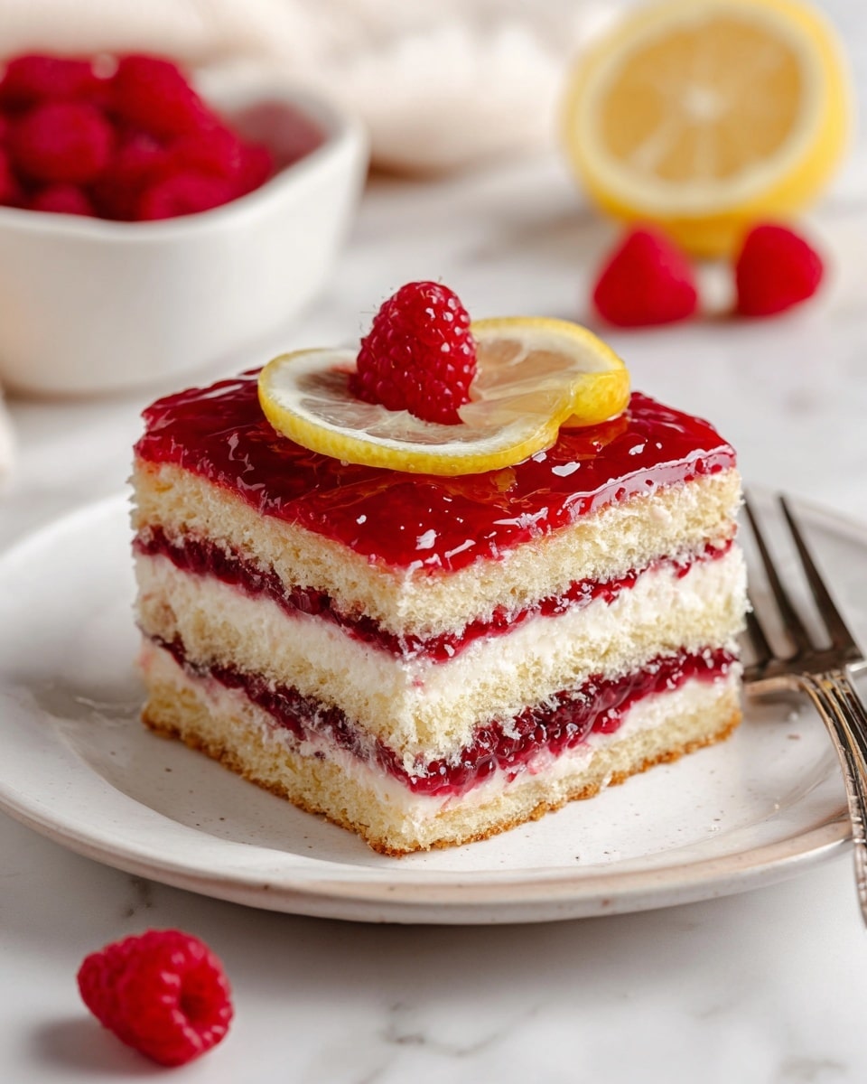 A square slice of layered dessert sits on a white plate with a slightly raised edge, placed on a white marbled surface. The dessert has five main layers: a light, soft cake layer at the bottom, a thick cream layer above it, followed by a bright red raspberry jam layer, another soft cake layer, a thinner cream layer, and topped with a thick bright red raspberry jam spread. A fresh raspberry and a thin lemon slice decorate the top. In the background, there are a few scattered raspberries, a white bowl filled with raspberries, and a silver fork next to the plate. Photo taken with an iphone --ar 4:5 --v 7