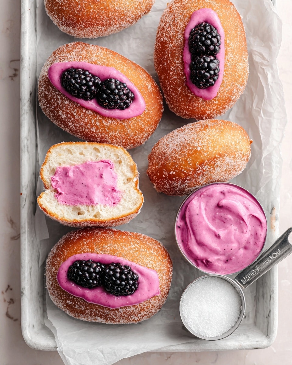 The image shows six sugar-coated round doughnuts placed on a white marbled texture tray. Each doughnut has a deep slit filled with bright pink cream, and a fresh, shiny blackberry rests on top of the cream. One doughnut is cut open to show the pink cream inside, which has a smooth but slightly chunky texture. Two small metal measuring cups are on the tray beside the doughnuts, one filled with white granulated sugar and the other with the same bright pink cream. The tray is lined with white parchment paper. photo taken with an iphone --ar 4:5 --v 7