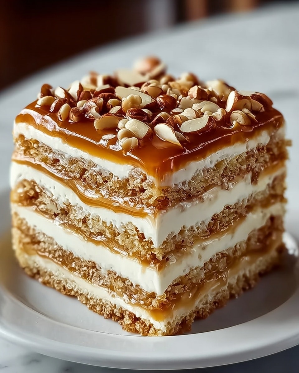 The image shows a square slice of layered cake on a white plate sitting on a white marbled surface. The cake has four main layers of light brown sponge separated by three creamy off-white layers. On top, there is a shiny caramel layer, glossy and smooth, topped heavily with whole almonds and small nut pieces that add texture. The cake looks moist and rich with a mix of smooth cream, soft sponge, sticky caramel, and crunchy nuts. Photo taken with an iphone --ar 4:5 --v 7