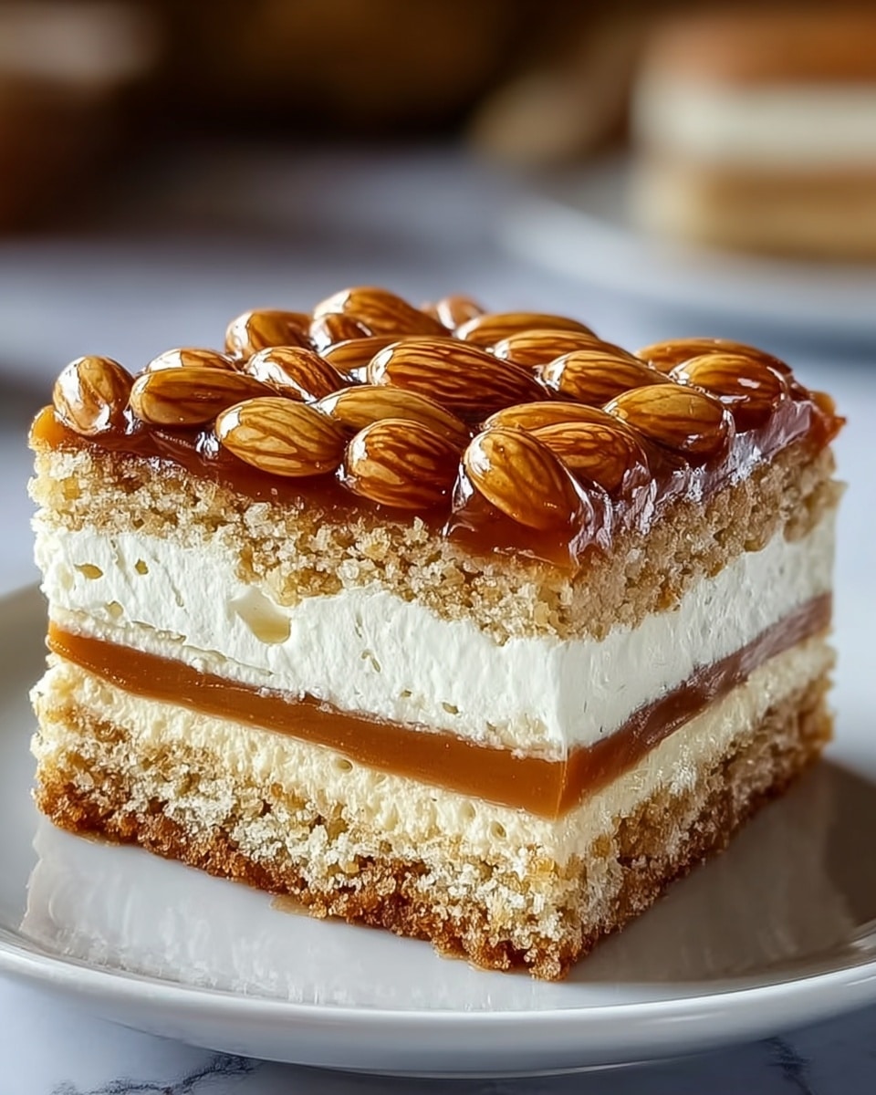 The image shows a square slice of cake with four layers, placed on a white plate on a white marbled surface. The bottom layer is a light brown cake base with a slightly crumbly texture. Above it is a thin layer of smooth, dark caramel. The third layer is a thick, creamy white filling that looks soft and fluffy. Next is another layer of the light brown cake, slightly thicker than the first one. On top, there is a shiny caramel layer covered with whole almonds arranged neatly next to each other. The almonds are glossy and golden brown, adding texture and shine. The cake looks moist and rich. Photo taken with an iphone --ar 4:5 --v 7