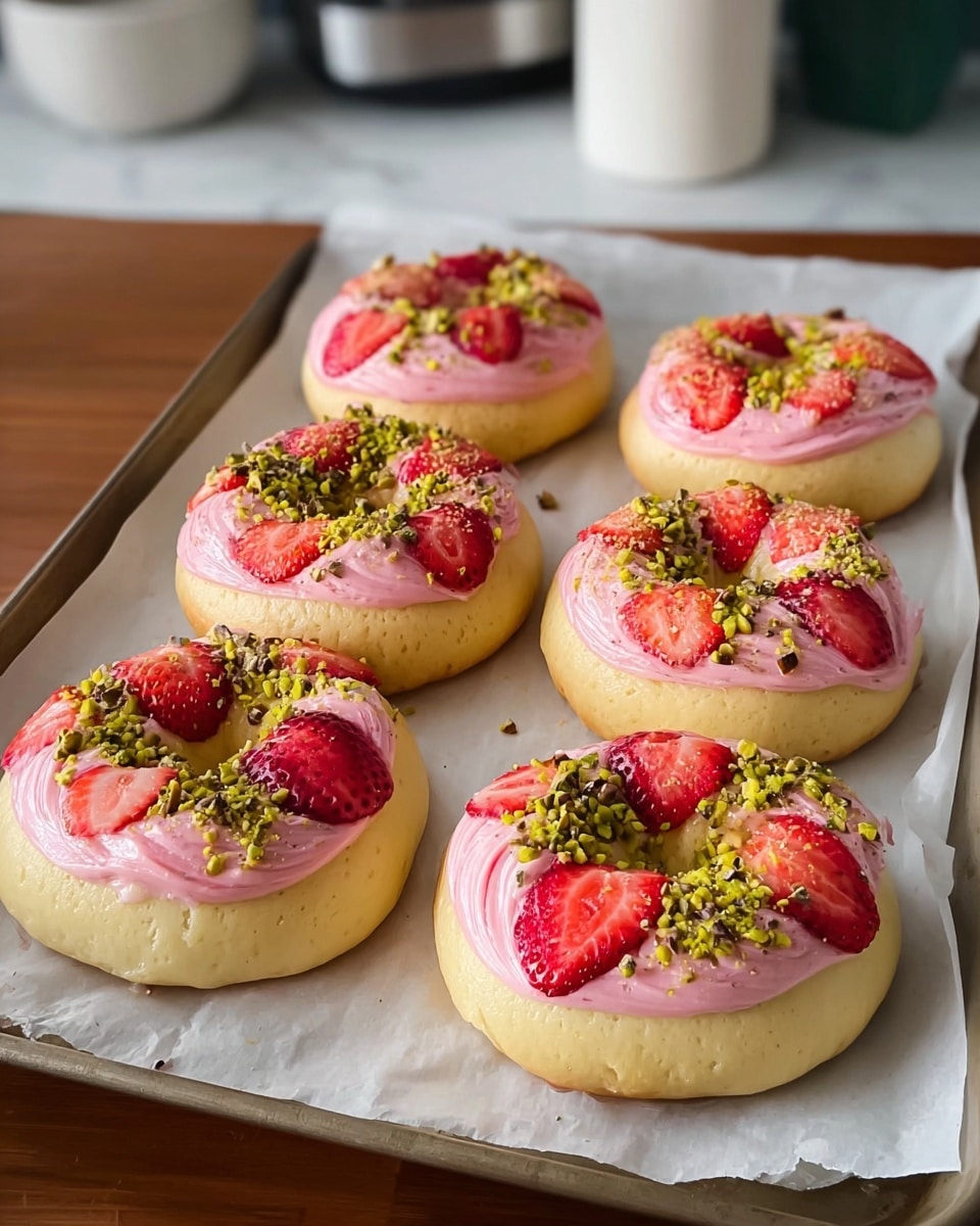 The image shows six round pastries arranged in two rows of three on a white baking sheet lined with parchment paper, set on a brown wooden table. Each pastry has alternating sections of pale yellow dough and light pink frosting with a smooth, slightly textured surface. The pink frosting sections are topped with bright red strawberry slices and chopped green pistachios, creating a colorful contrast. The pastries are evenly spaced and have a soft, fluffy appearance. The background includes blurred kitchen elements with a white marbled textured surface beneath the baking sheet. photo taken with an iphone --ar 4:5 --v 7