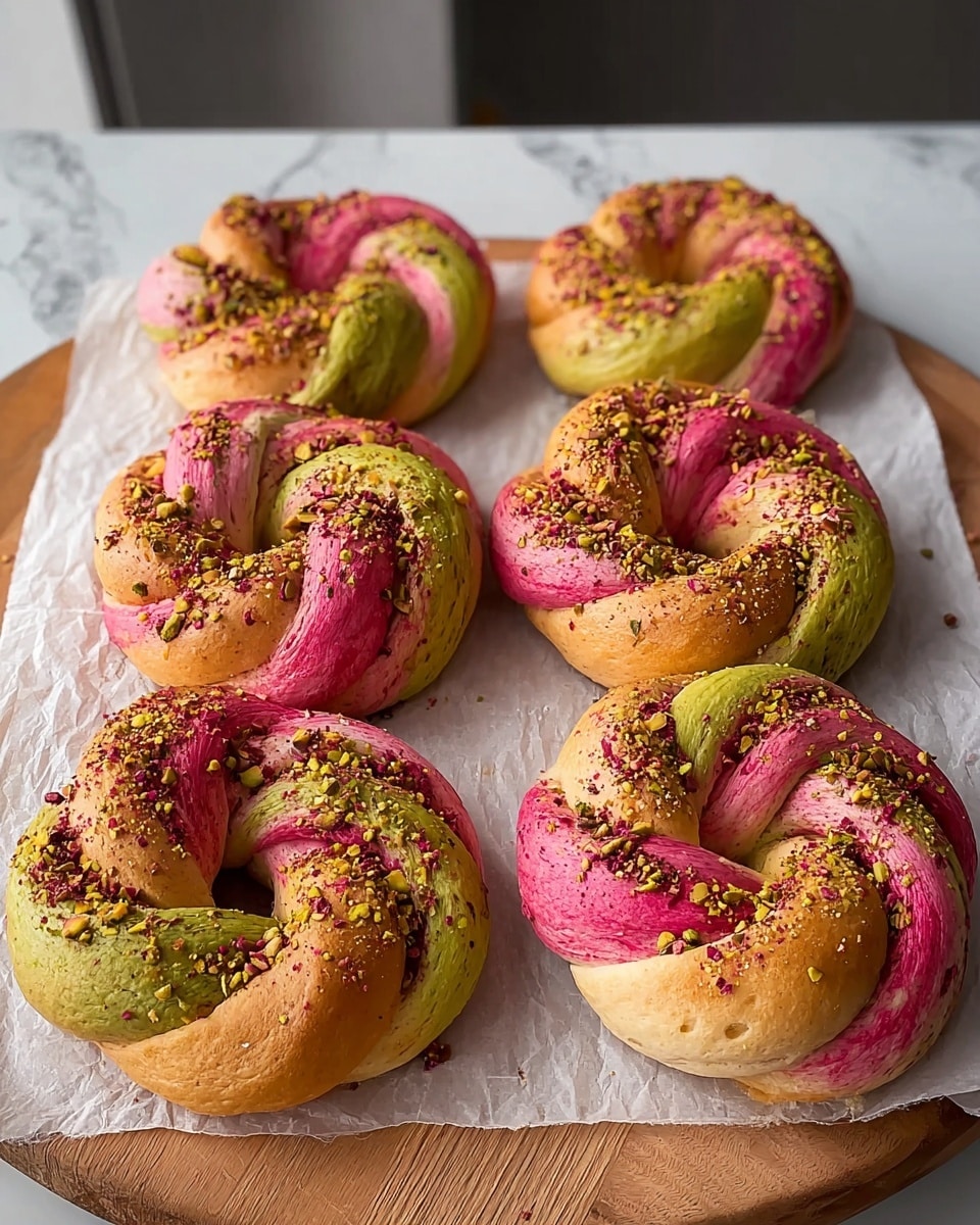 Six twisted bagels are placed on a white rectangle plate lined with parchment paper, showing three in the back and three in the front in two neat rows. Each bagel has three main color layers swirling around in a spiral: soft pink, light green, and creamy off-white. The texture looks smooth and slightly fluffy, with vibrant red and yellow small crunchy bits sprinkled heavily on the top part of each bagel, adding a rough texture there. The plate is on a wooden surface, and the background shows a clean, simple kitchen area with white marbled texture. photo taken with an iphone --ar 4:5 --v 7