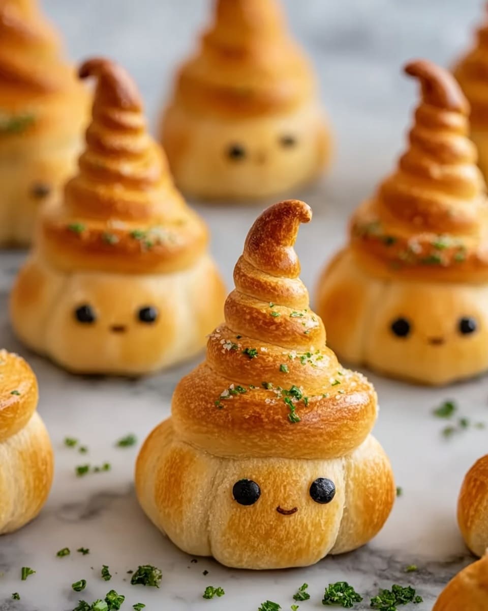 The image shows several small pumpkin-shaped bread rolls designed to look like cute characters. Each roll has a twisted, round base in light golden brown with small green herb sprinkles, forming the pumpkin body. On top, there is a tightly spiraled cone-shaped hat in a darker golden-brown color with a slightly curved tip, also sprinkled with herbs. In the center of the base, a small round bread piece with two tiny black seeds or dots represents eyes, giving a face-like appearance. The bread rolls are placed on a white marbled surface scattered with some chopped green herbs. photo taken with an iphone --ar 4:5 --v 7