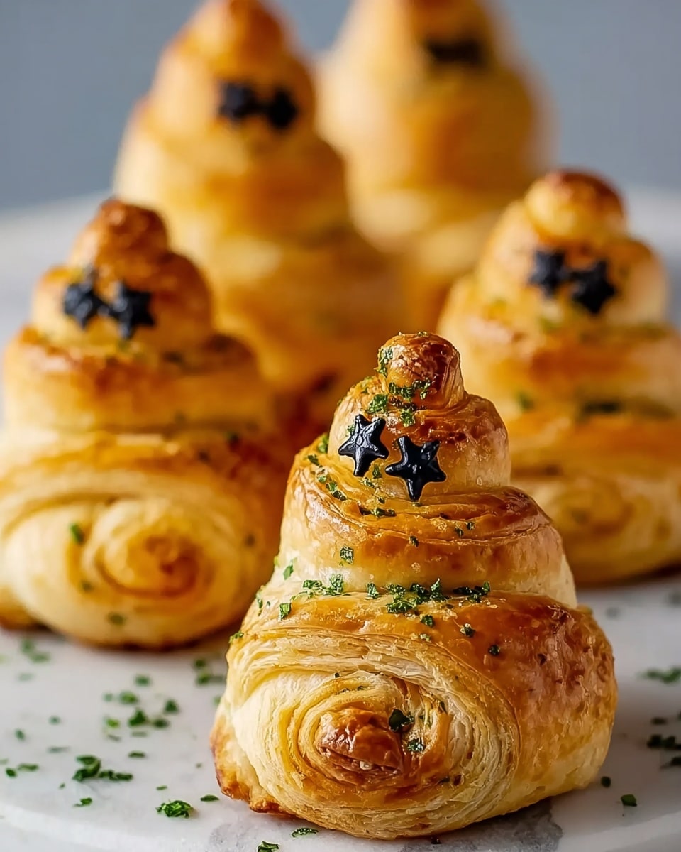 The image shows several small, swirl-shaped pastries stacked in cone shapes on a white marbled surface. Each pastry is golden brown with a flaky texture, and they have little black star-shaped decorations on the upper parts which look like eyes or sunglasses. The cones have sprinkles of green herbs scattered around and on them, adding a pop of color. The pastries are arranged in a group, with one cone in the front being more in focus. photo taken with an iphone --ar 4:5 --v 7