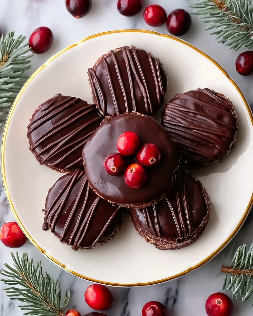 A white plate with a gold rim holds six round chocolate-covered treats arranged in a circle with one in the center. Each treat has a shiny, smooth dark chocolate top layer, while the five outer ones are decorated with thin, darker diagonal chocolate stripes. The center treat has a glossy chocolate glaze topped with four bright red cranberries in the middle. The plate is on a white marbled surface surrounded by scattered fresh cranberries and a few pine sprigs, adding a festive touch. Photo taken with an iphone --ar 4:5 --v 7