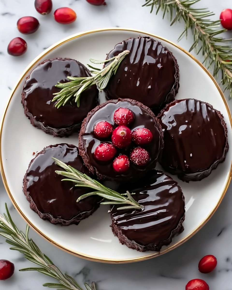 A white bowl filled with six round dark chocolate-covered cookies, stacked in two layers; the top cookie is smooth and shiny and decorated with seven bright red cranberries sitting in the center, while the five cookies below have a textured pattern of diagonal lines on their chocolate surface; the bowl is placed on a white marbled surface surrounded by scattered cranberries and small green pine sprigs. photo taken with an iphone --ar 4:5 --v 7
