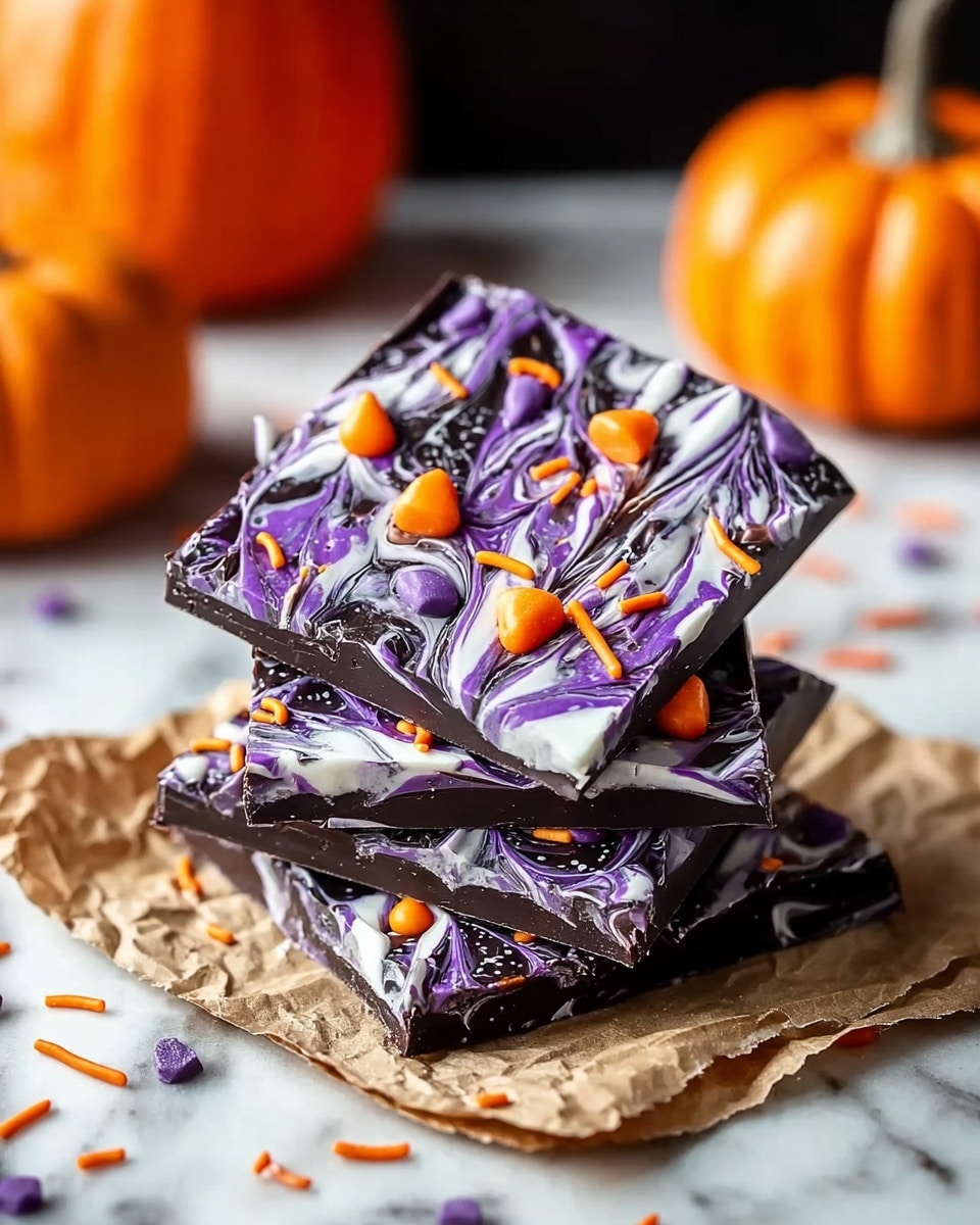 The image shows a stack of three square pieces of Halloween-themed bark on white parchment paper. Each piece has a marbled top layer with swirls of white, purple, and black colors, mixed with small round and spider-shaped black candies, along with orange candy bits scattered throughout. The bark pieces have a thick, smooth texture with a mix of bright and dark colors, sitting on a dark plate against a white marbled surface. In the background, two small orange pumpkin-shaped treats with carved faces are out of focus, adding a festive touch. Photo taken with an iphone --ar 4:5 --v 7