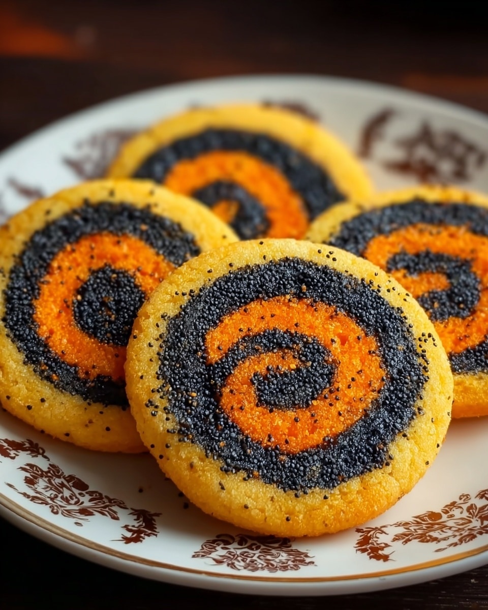 The image shows a white plate with four round spiral rolls stacked slightly overlapping. Each roll has two visible layers spiraled together: a soft yellow dough layer and a black poppy seed layer, creating a clear swirl pattern. The top of each roll is sprinkled with shiny sugar crystals adding a sparkling texture. The plate sits on a white marbled surface with warm, blurry autumn decorations in the background. photo taken with an iphone --ar 4:5 --v 7