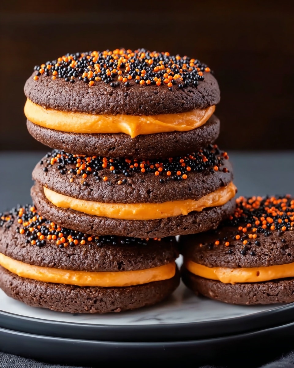 The image shows a pile of four dark chocolate sandwich cookies stacked on a dark plate, placed on a white marbled surface. Each cookie has two thick, round, dark brown chocolate layers with a smooth orange filling in between. Tiny black chocolate bits are sprinkled on the edge of the orange cream layer. The cookies look soft with small cracks on the top chocolate layer. The background is dark, making the cookies and the plate stand out clearly. photo taken with an iphone --ar 4:5 --v 7