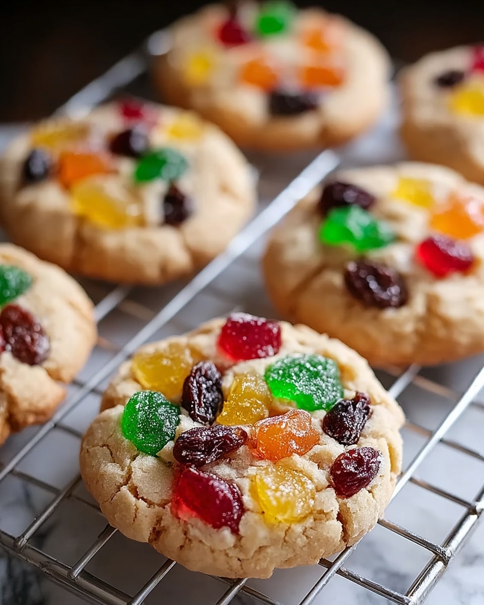 The image shows round cookies on a silver wire cooling rack. Each cookie has a light golden brown base that looks soft and crumbly. Bright colorful pieces of jelly-like candy in red, green, yellow, and orange are scattered on top, along with darker dried fruit pieces giving a contrast in texture. The cookies appear thick and slightly cracked on the surface, making them look fresh and homemade. The background shows a blurry white marbled surface. photo taken with an iphone --ar 4:5 --v 7