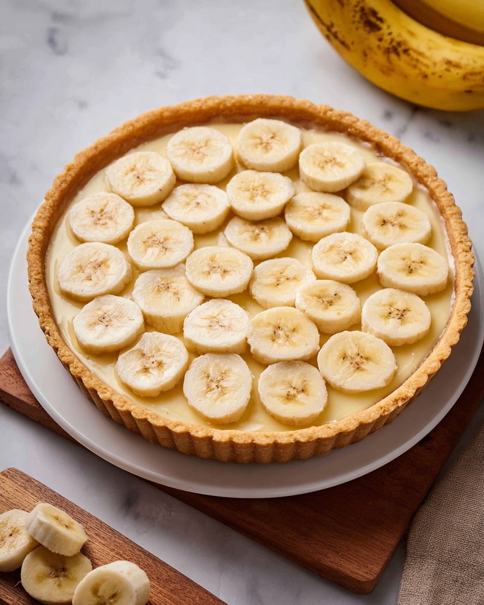 A round pie with a golden brown crust that has a thick, ridged edge sits on a white plate. Inside, a smooth pale yellow layer fills the crust, topped evenly with two layers of banana slices arranged in a circular pattern, each slice light yellow with small brown spots in the center. The pie rests on a white marbled surface with a wooden board at the bottom left corner, holding a few banana slices, and a whole banana with brown marks visible on the right side of the frame. photo taken with an iphone --ar 4:5 --v 7