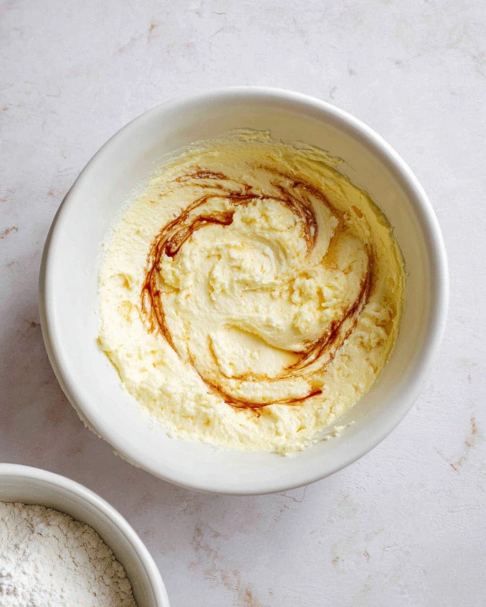 A white bowl holds a creamy, light yellow mixture with a thick and fluffy texture. Swirled irregularly on the top is a thin, spiral line of brown liquid, contrasting with the pale color beneath. The bowl sits on a white marbled surface, giving a clean and simple background. Part of another white bowl, filled with white powder, is seen in the bottom left corner, slightly out of focus. Photo taken with an iphone --ar 4:5 --v 7