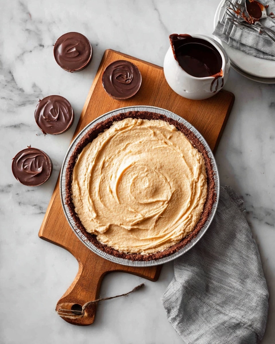 A pie in a round silver pan with a thick light brown creamy layer on top, swirled in the center to show texture, sits on a wooden cutting board with a handle lying flat on a white marbled surface. Around the pie are four round chocolate cups with smooth, shiny tops, placed near the edge of the board and on the white marbled surface. A small white pitcher with dark melted chocolate inside is placed above the pie on the cutting board. To the right of the board, there is a folded gray cloth napkin resting on the white marbled surface. Photo taken with an iphone --ar 4:5 --v 7