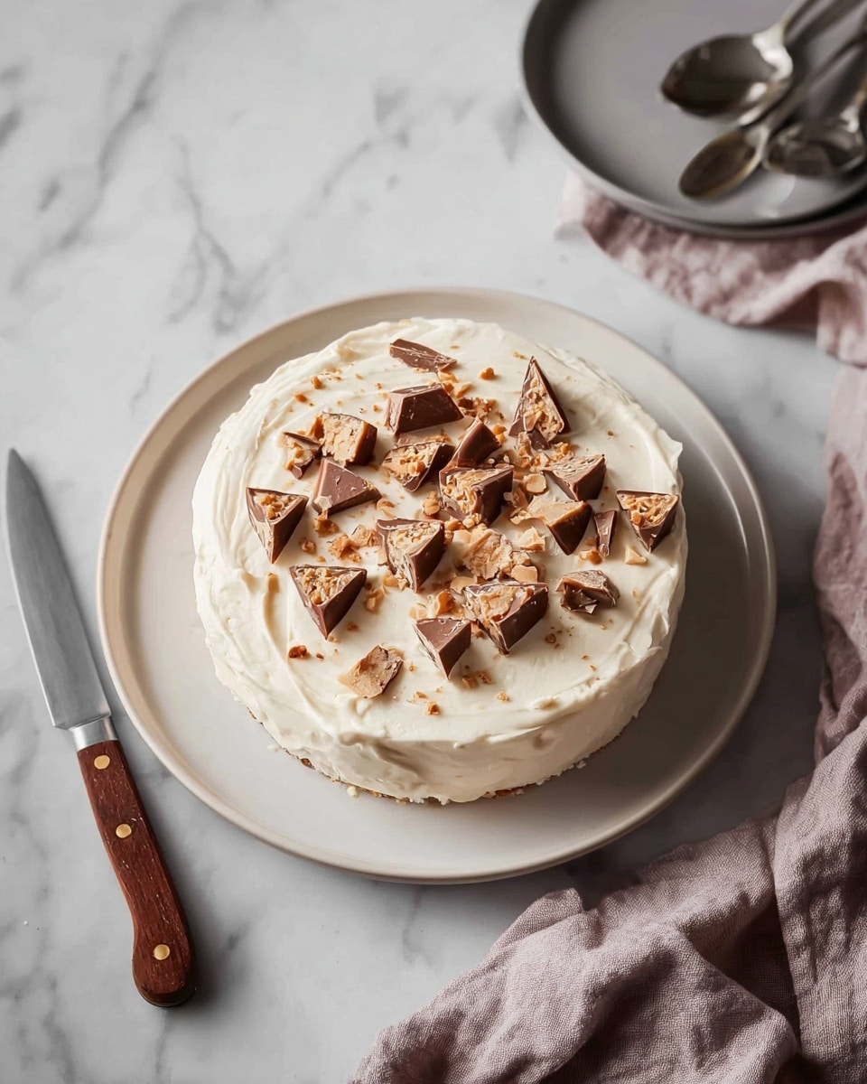 The image shows a round cake on a white plate with a smooth, creamy white frosting covering the whole cake. On top of the frosting are scattered pieces of triangular milk chocolate with peanut butter filling, broken into uneven chunks. The cake is placed on a white marbled surface. Around the cake, there is a brown-handled knife, two silver spoons, a gray cloth, and part of a gray plate visible at the edge. The scene has a soft, natural light. photo taken with an iphone --ar 4:5 --v 7